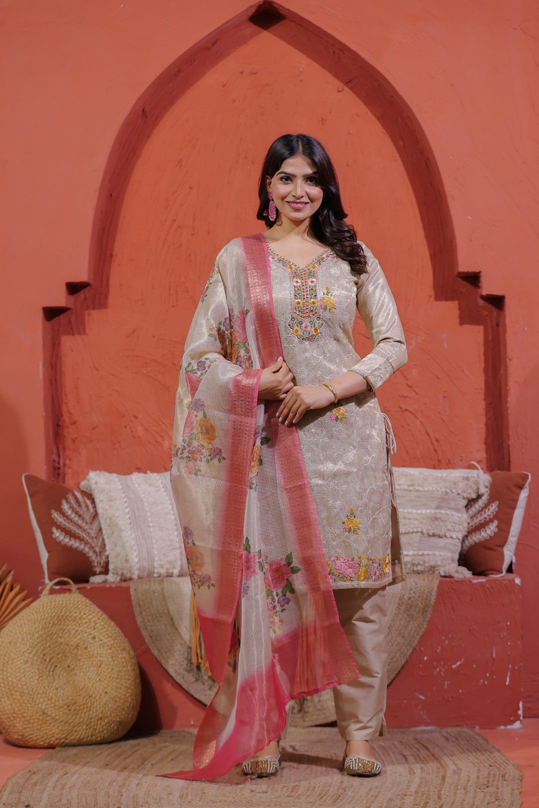 Beige Pure Chanderi Silk Suit with Thread Jaal Embroidery, Pant & Dupatta