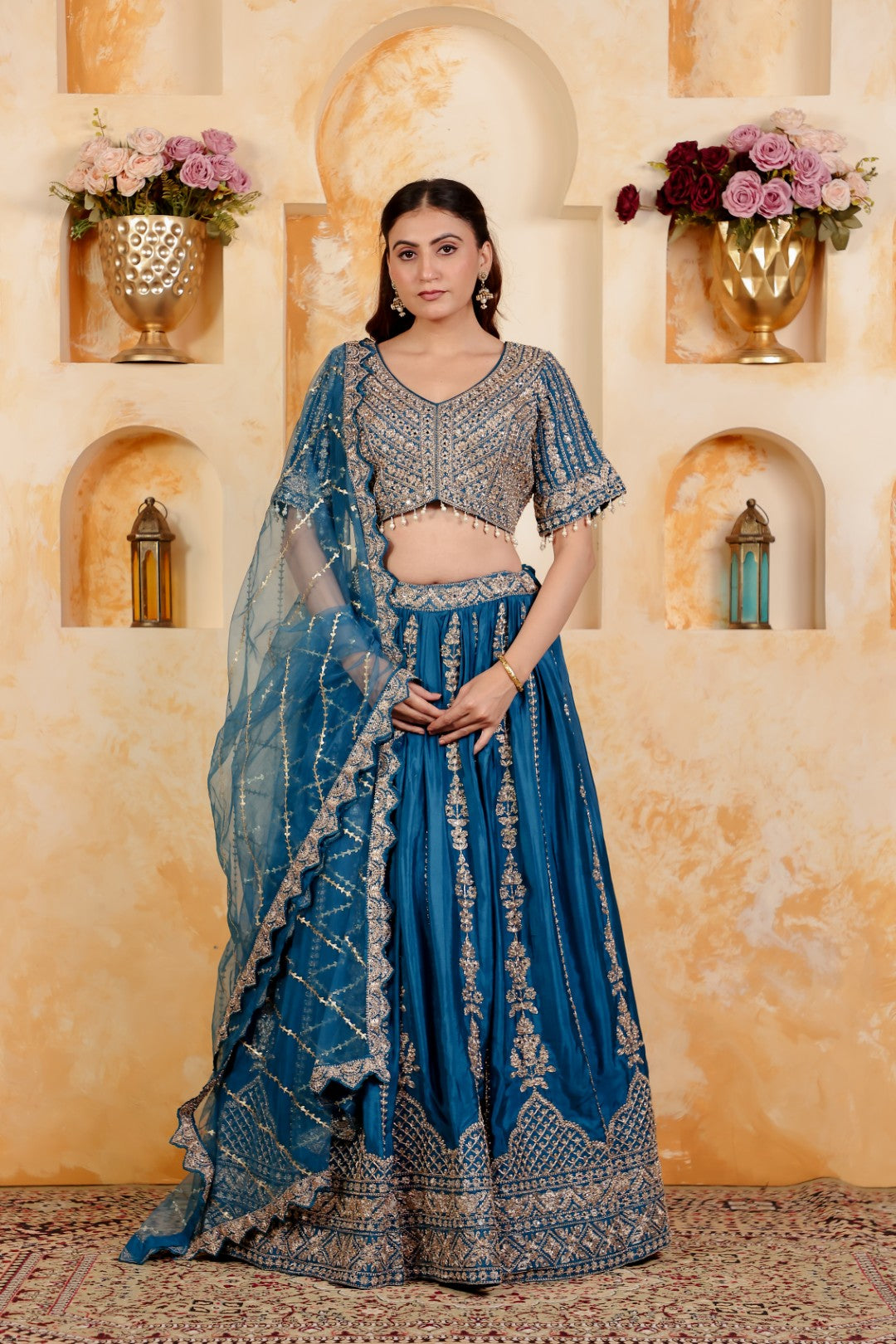 Diesel Blue Chinon Lehenga with Heavy Zari work and Matching Blouse with Net Dupatta