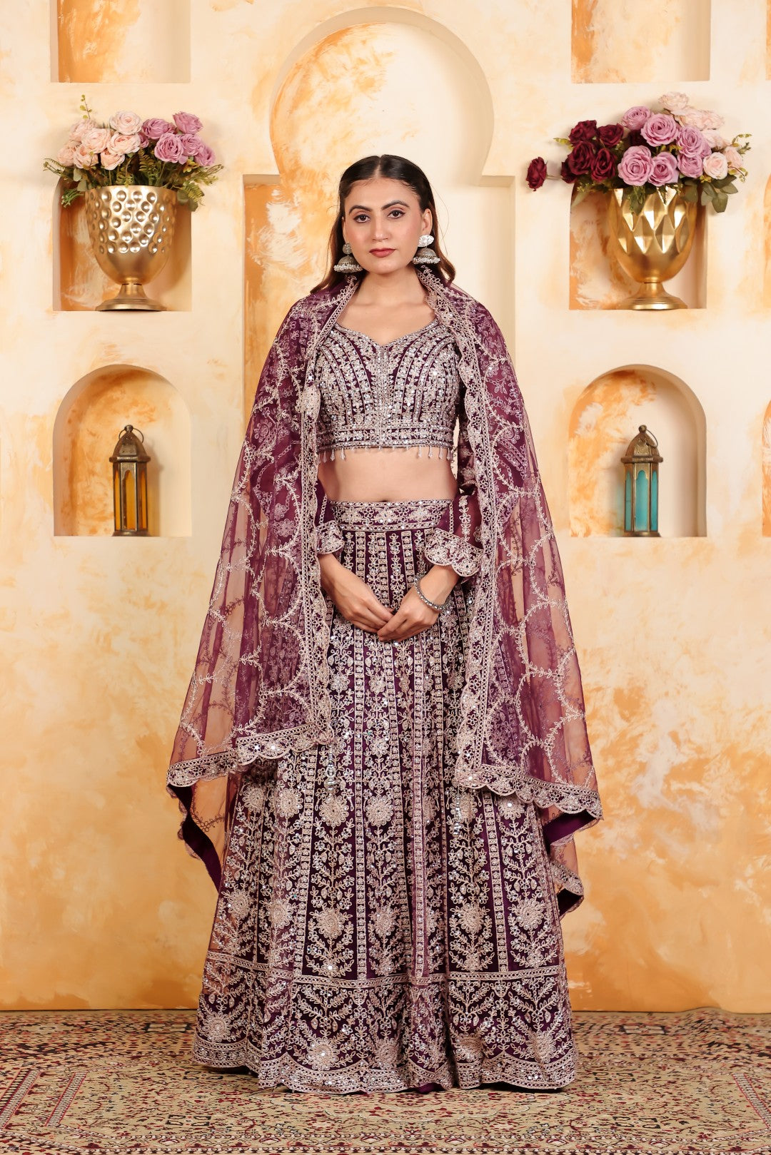 Wine Net Blouse with Full Zari, Mirror & Stone Work, Lehenga & Dupatta