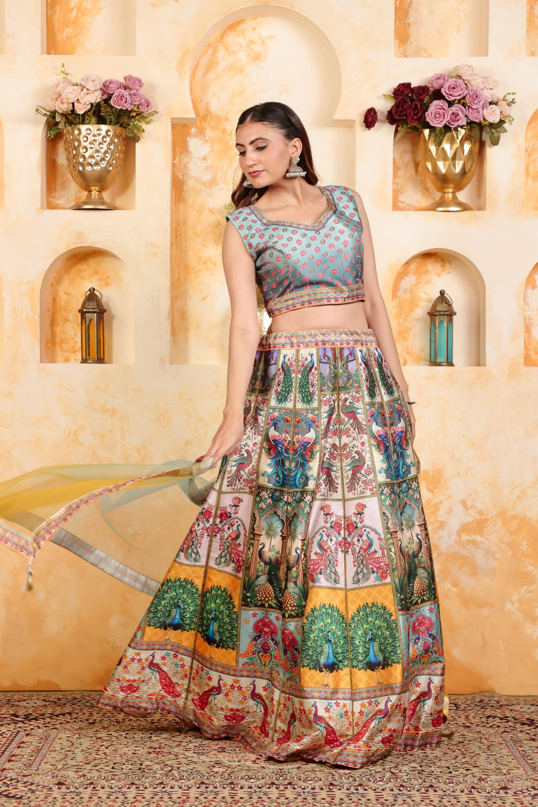 Sky Blue Taffeta Silk Printed Blouse and Multi Color Position Print Lehenga & Net Dupatta