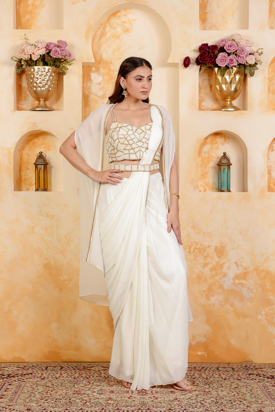 Off White Georgette Drape Saree with Belt, Piping Blouse & Shrug