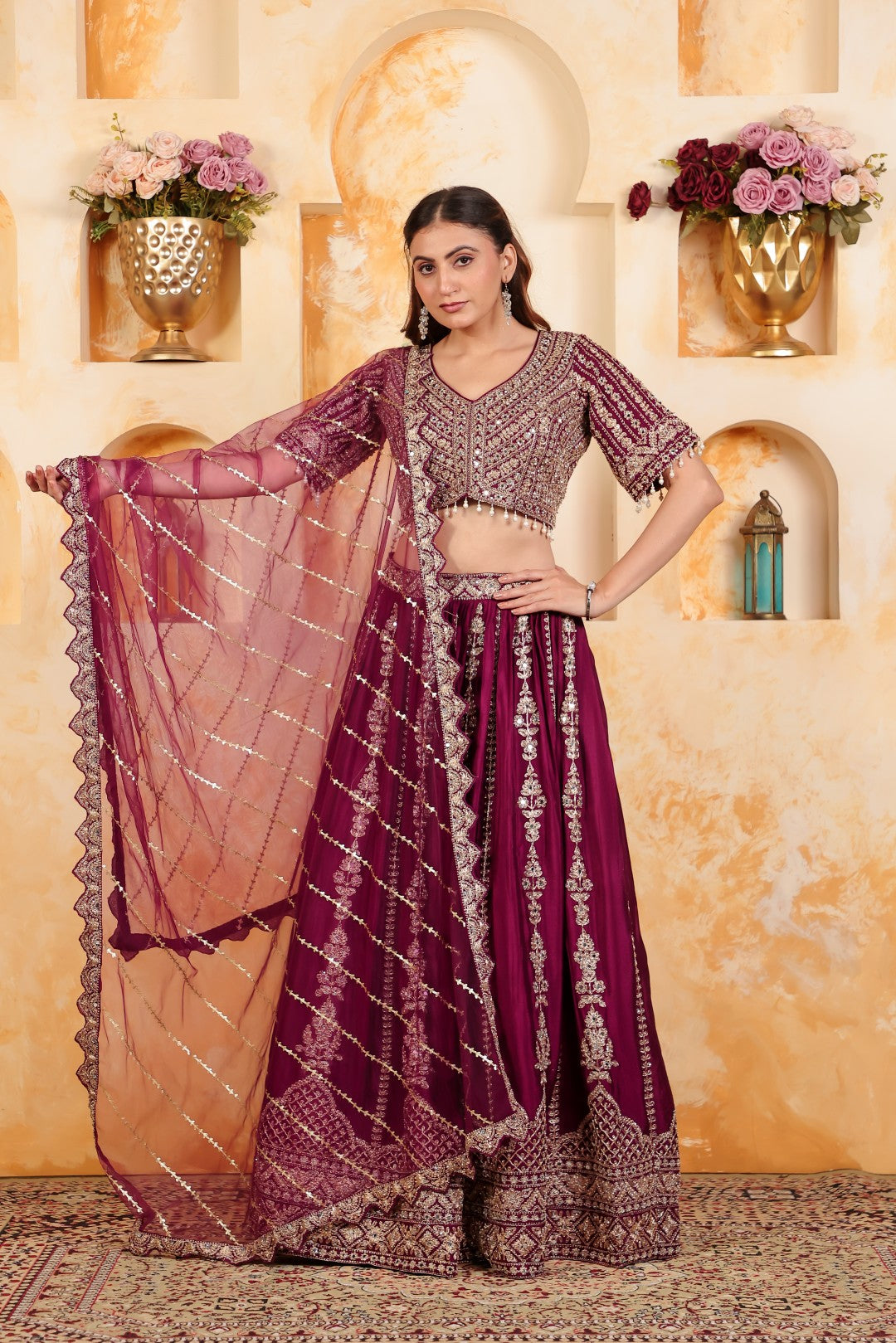 Wine Chinon Lehenga with Heavy Zari work and Matching Blouse with Net Dupatta