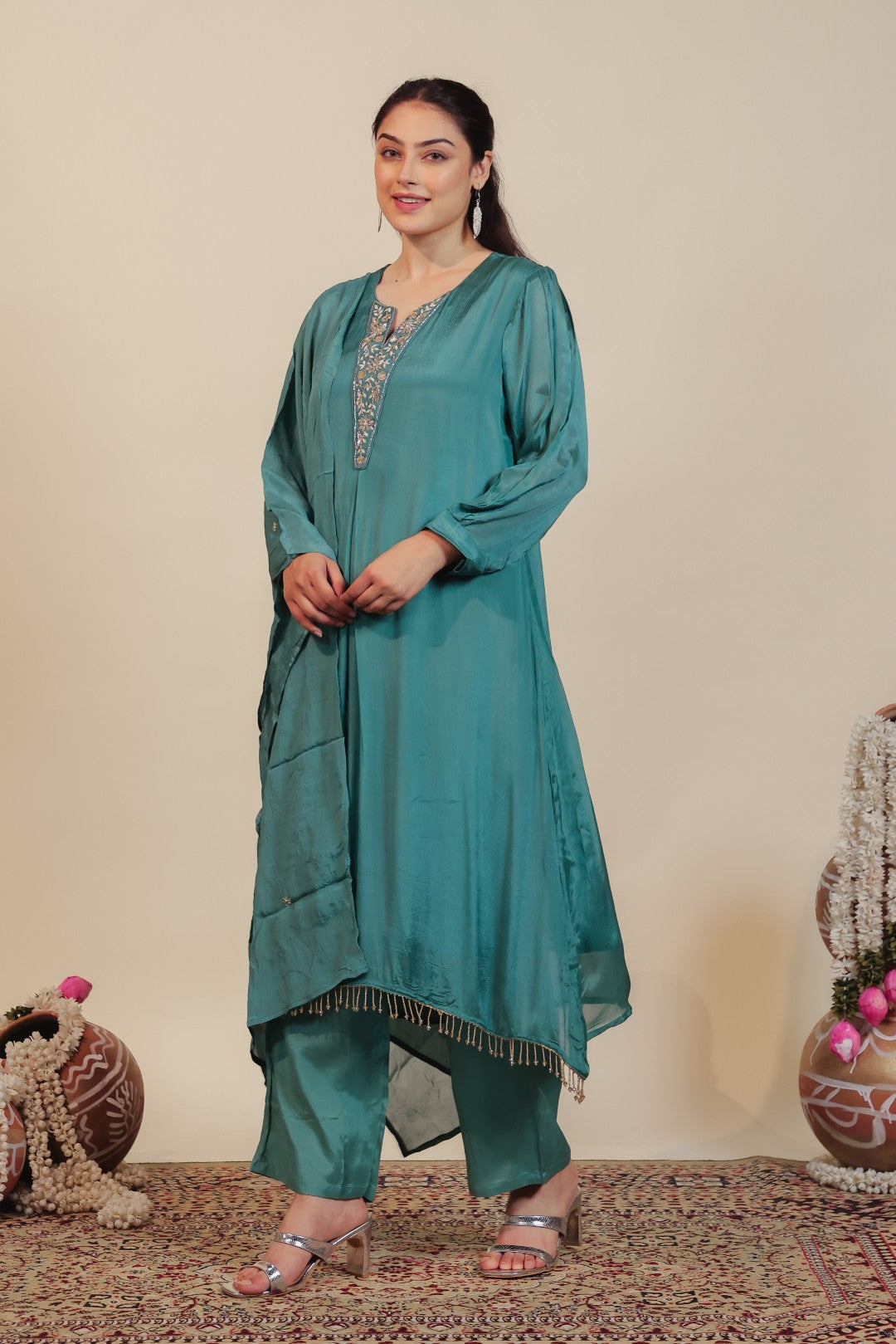 Teal Green Chinon Suit with Handwork, Bottom & Dupatta