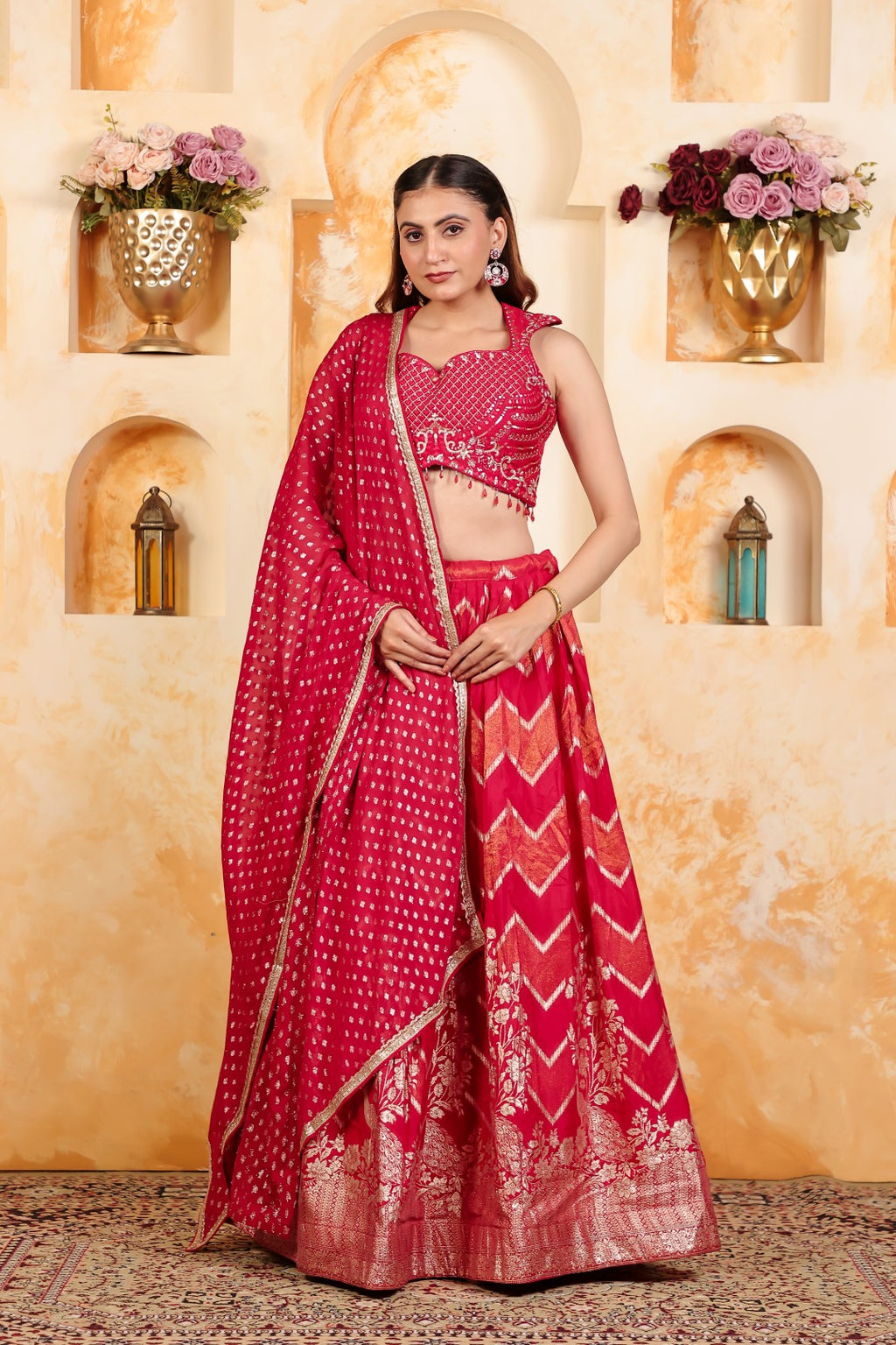 Rani Pink Dola Silk Blouse with Zari Work, Lehenga & Dupatta