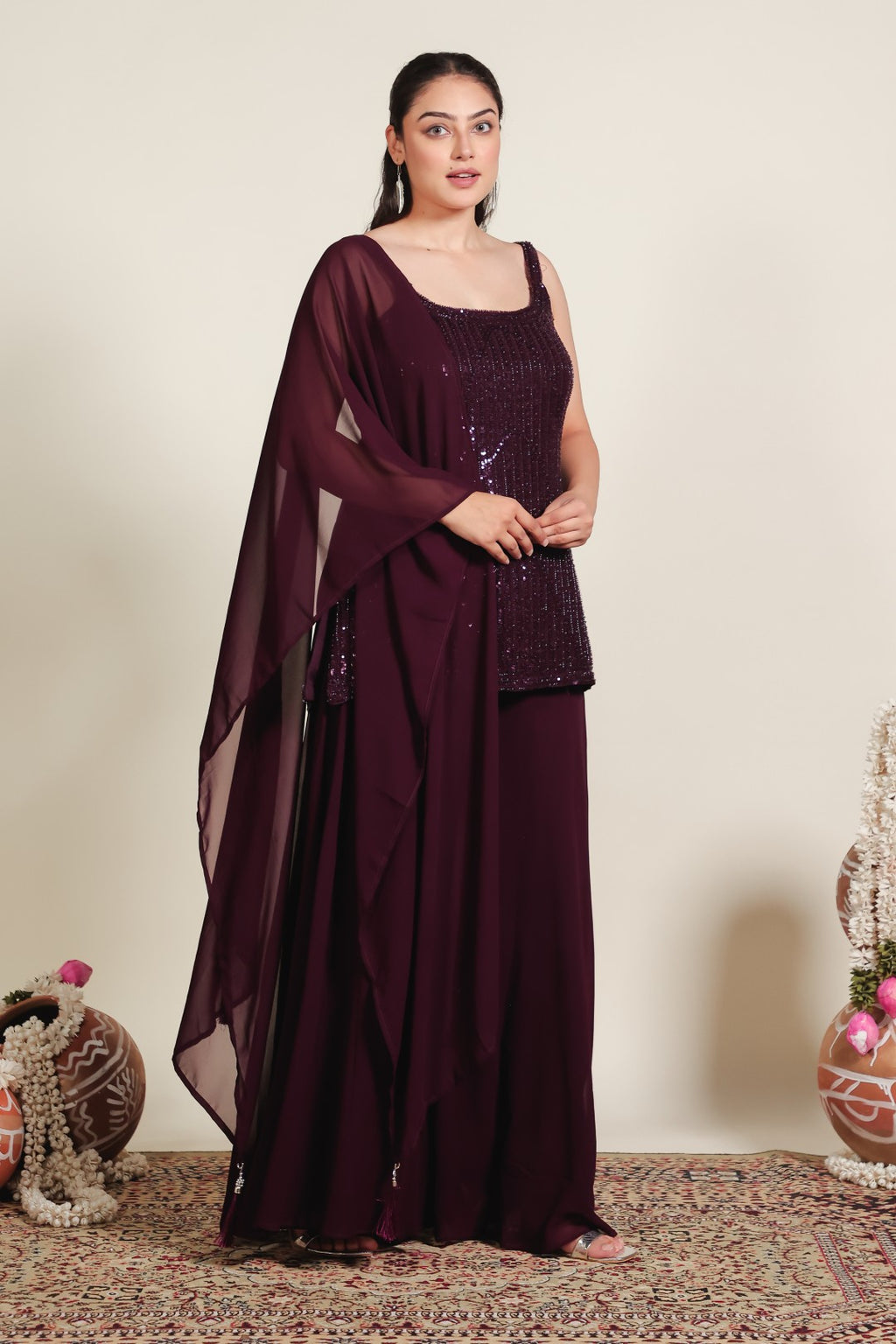 Wine Georgette Suit with Handwork, Sharara & Dupatta