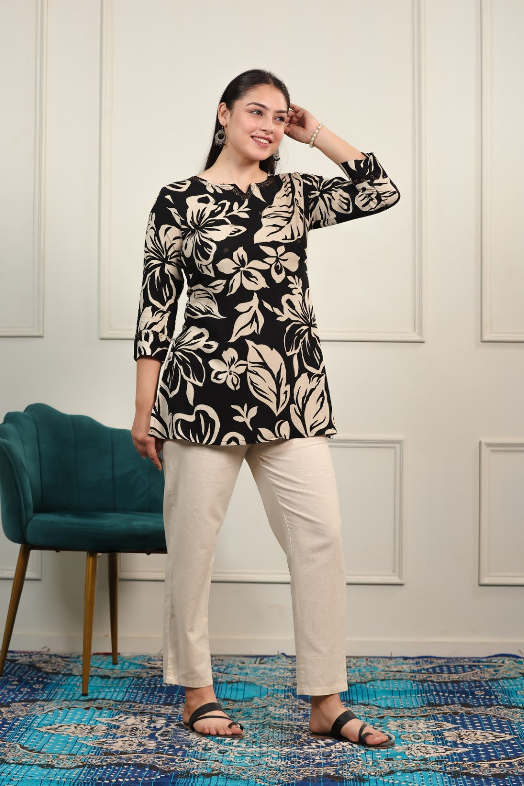 Black Rayon with Floral Printed Top