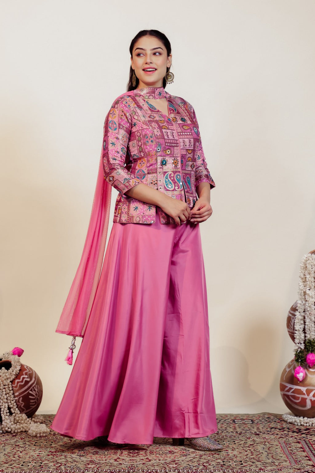 Baby Pink Silk Top with Banarsi Position Print, Sharara & Dupatta
