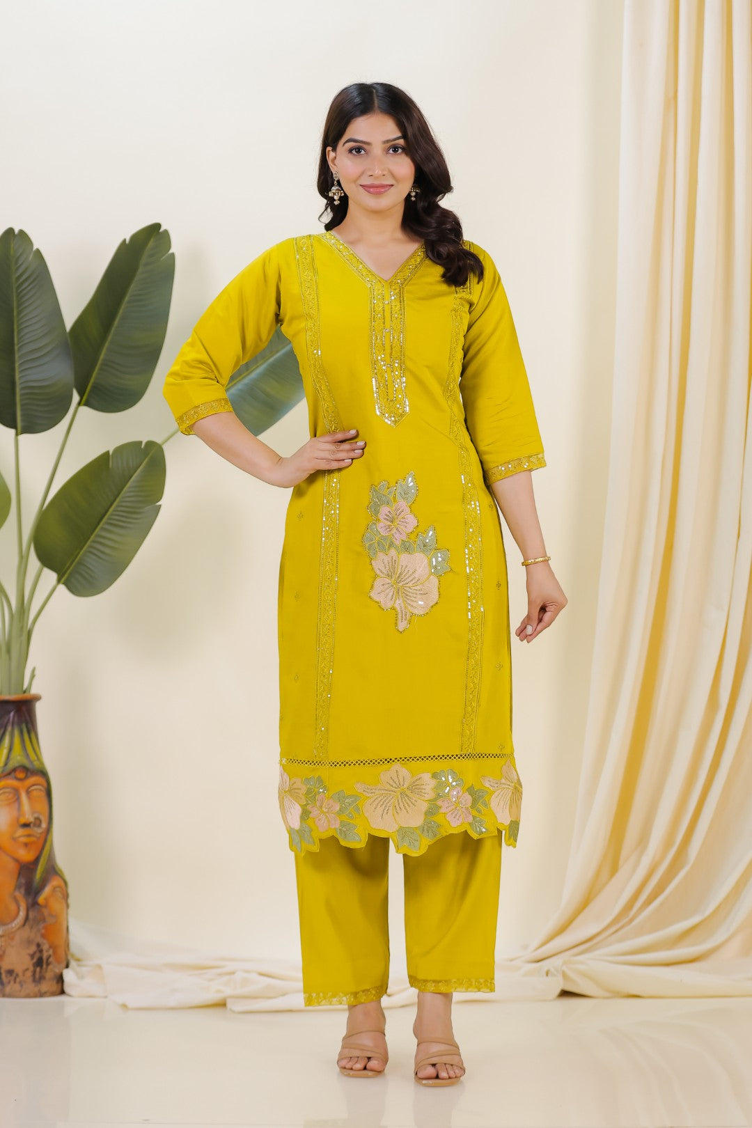 Olive Yellow Muslin Suit with Embroidery, Bottom & Dupatta