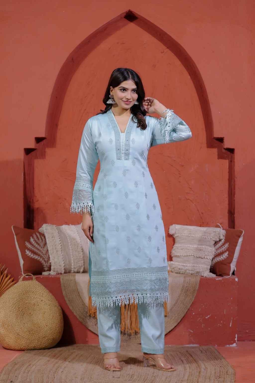 Sky Blue Muslin Silk Suit with Thread Embroidery, Bottom & Dupatta