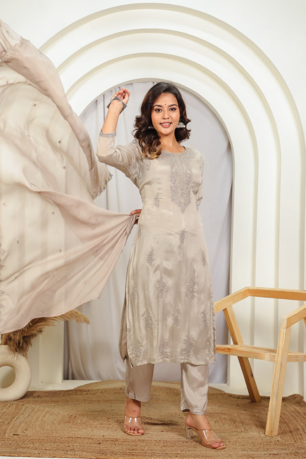 Dusty Grey Chinon Silk Suit with Thread Embroidered, Bottom & Dupatta