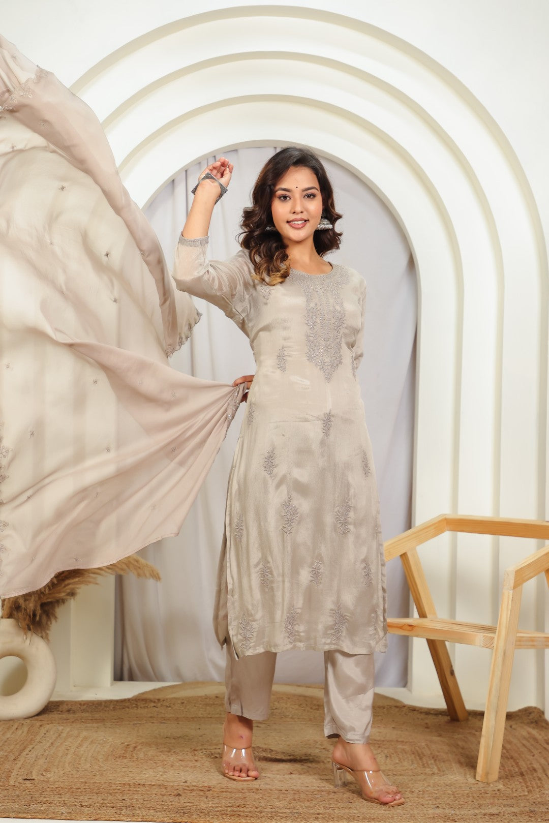 Dusty Grey Chinon Silk Suit with Thread Embroidered, Bottom & Dupatta
