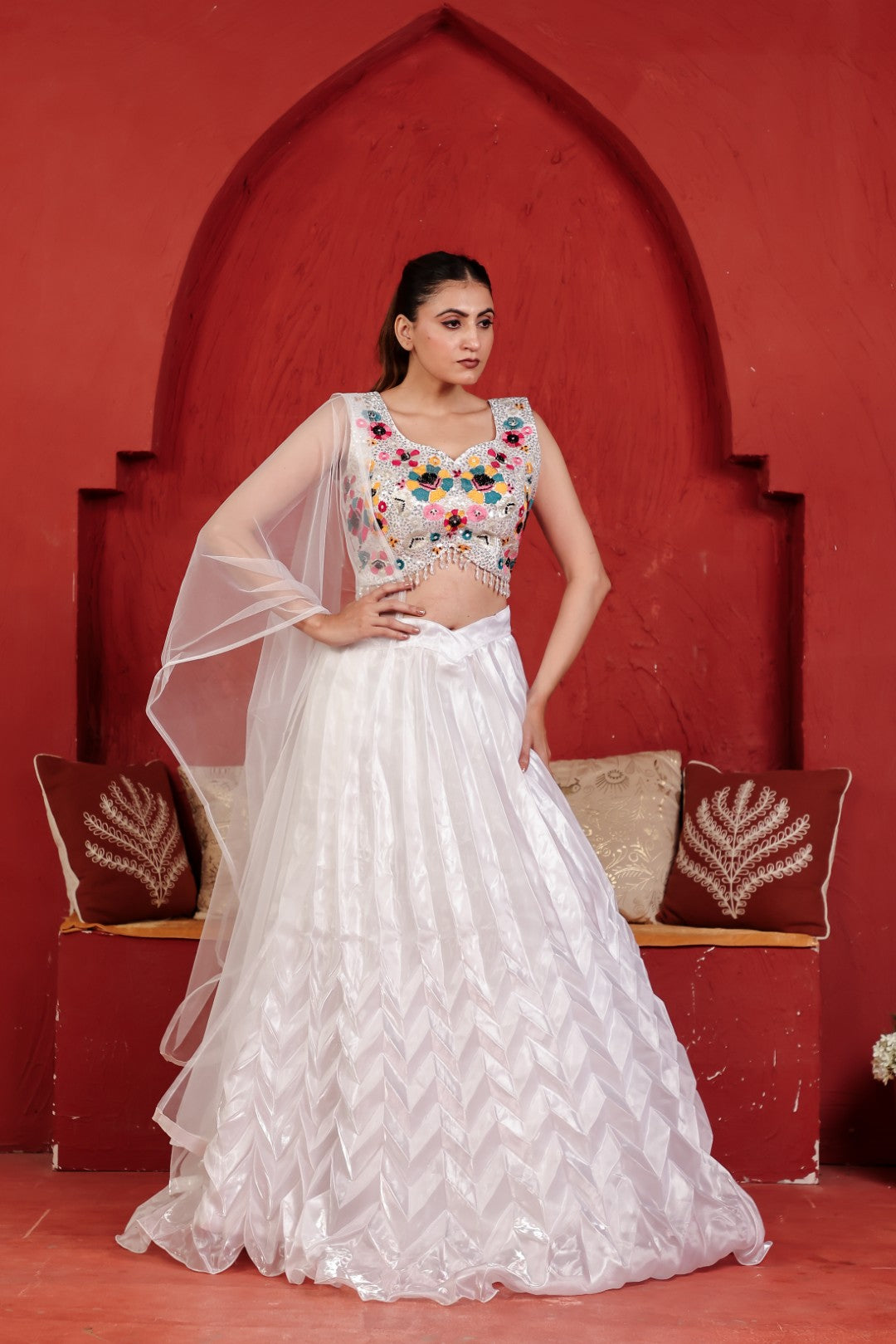 White Jimmy Choo Lehenga with Handwork Blouse & Net Dupatta