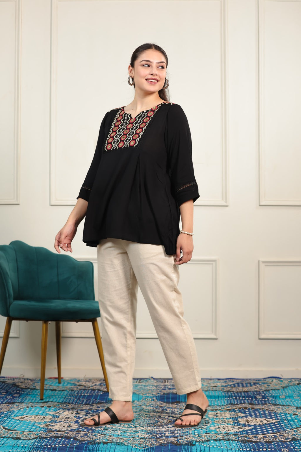 Black Wrinkled Rayon Thread Work Top