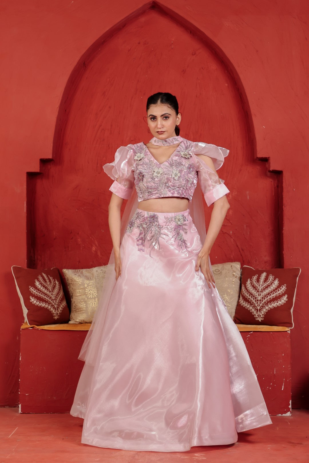 Baby Pink Jimmy Choo Lehenga with Handwork Blouse & Net Dupatta