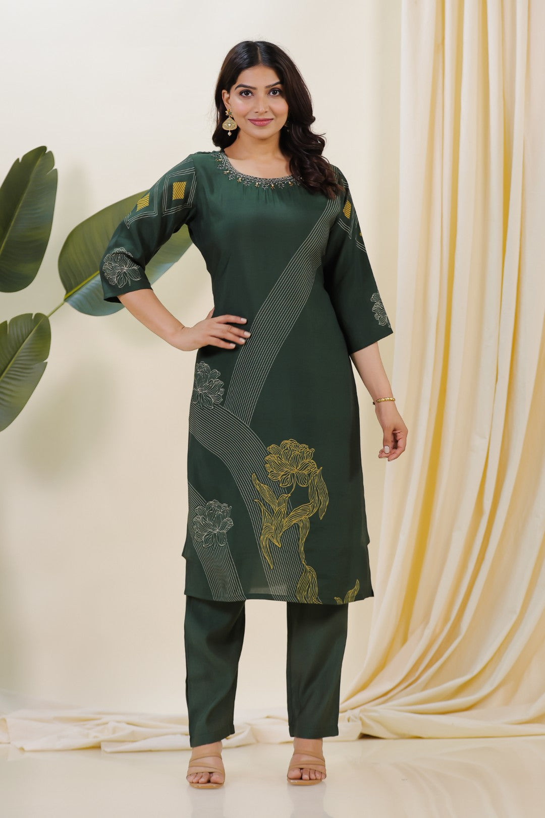 Dark Green Muslin Printed Handwork Suit with Bottom & Dupatta