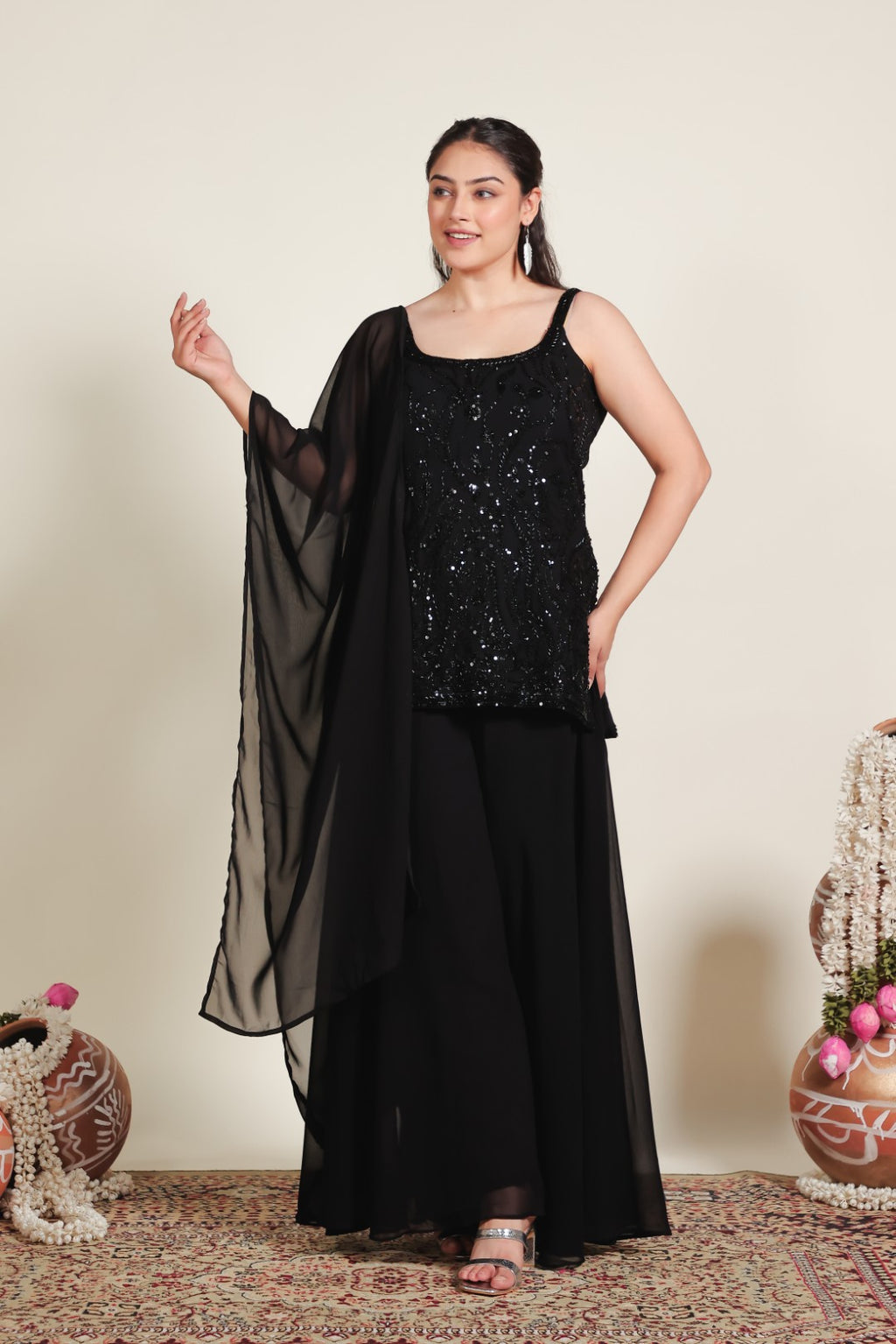 Black Georgette Suit with Handwork, Sharara & Dupatta