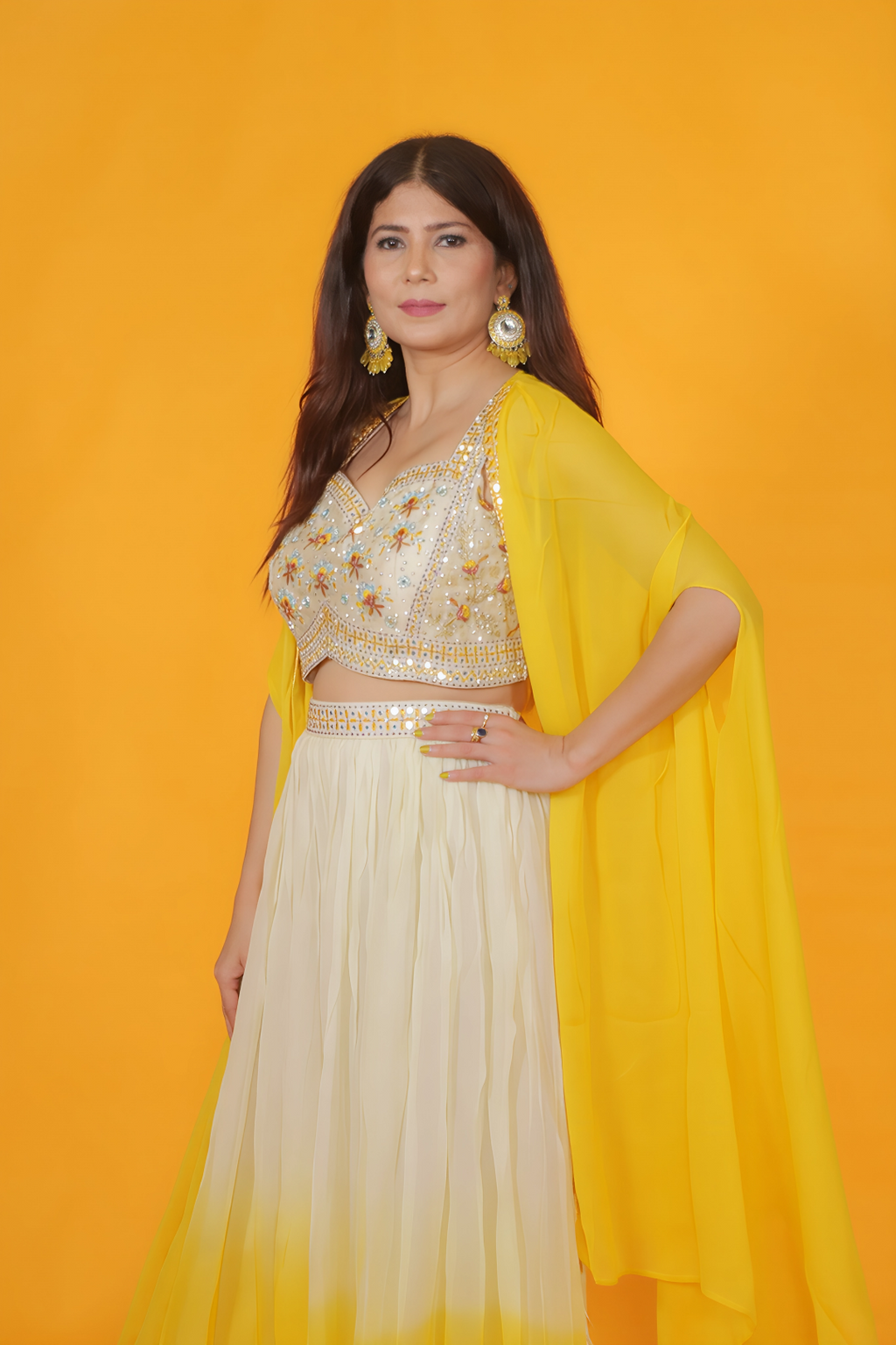 Off White Silk Blouse with Handwork, Offwhite and Yellow Sharara & Shrug