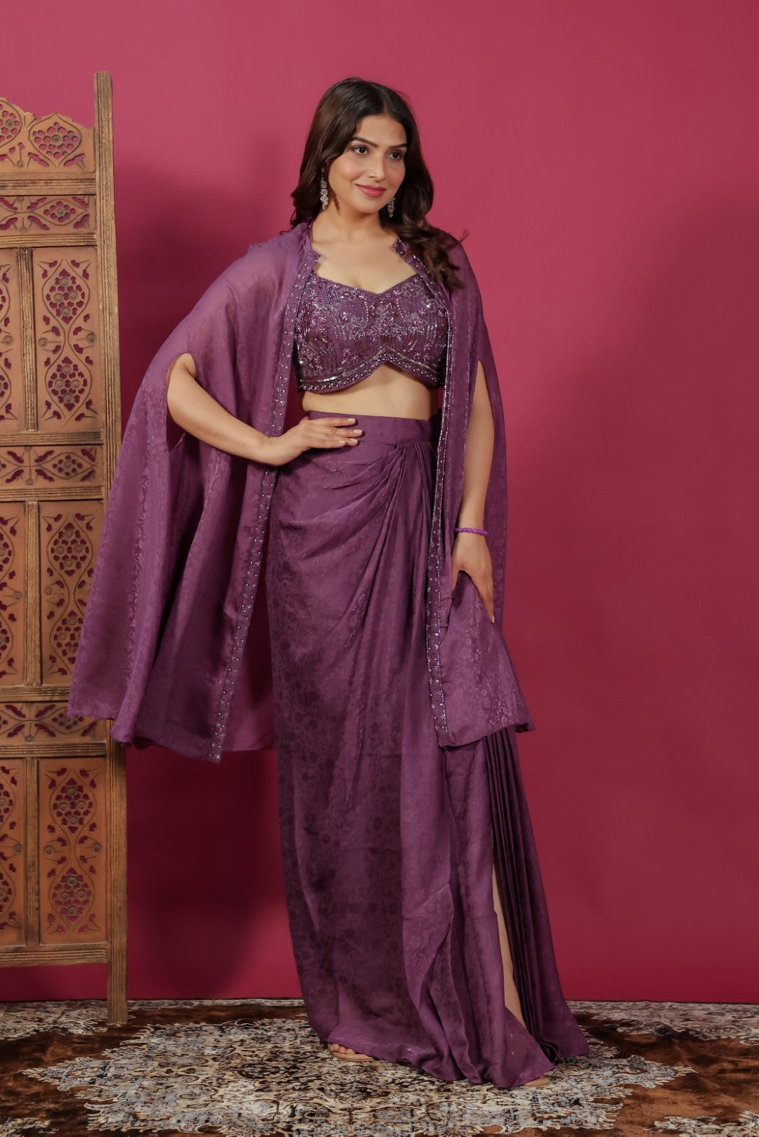Purple Mosh Silk Jacquard Dhoti Set with Handwork Blouse & Shrug