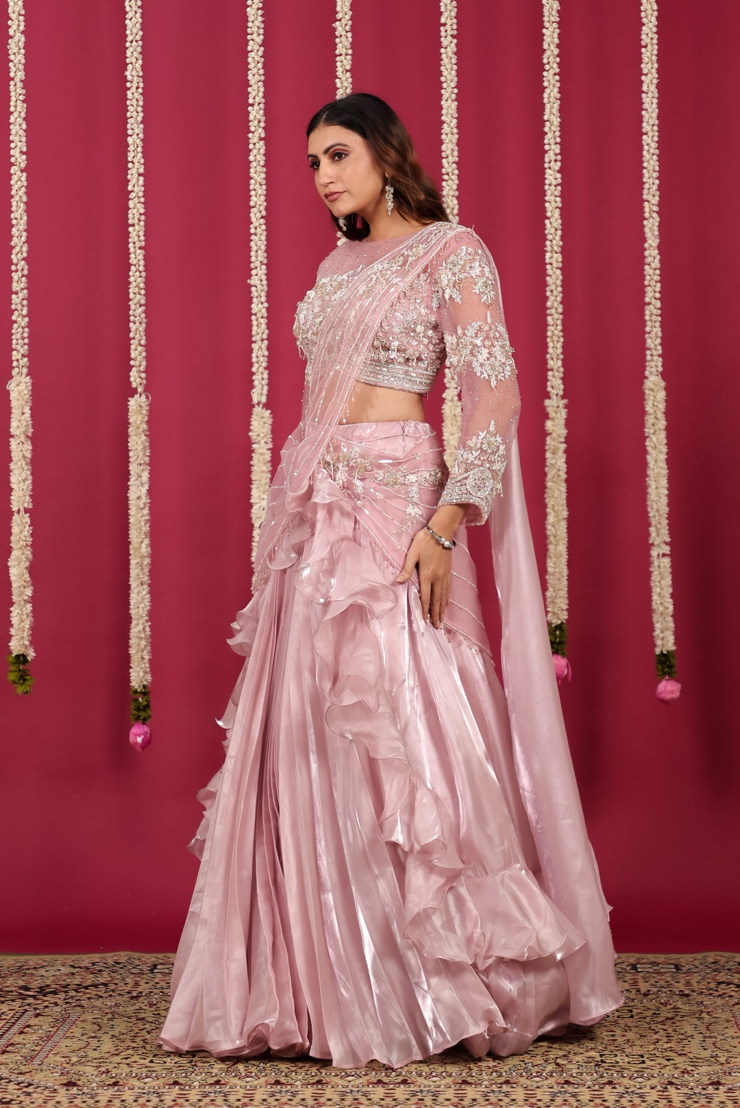 Baby Pink Burberry Net Lehenga with Heavy Handwork Blouse & Attached Dupatta