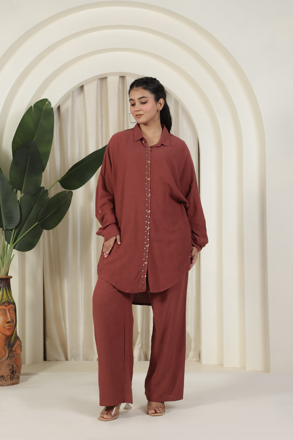 Rusty Brown Wrinkled Cotton Top with Back Thread & Sequence Work with Matching Pant