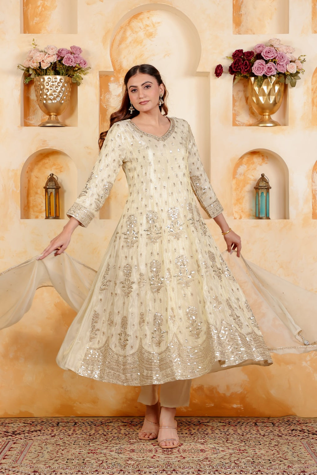 Off White Mosh Silk Suit with Full Sequins & Zari Work, Bottom & Dupatta