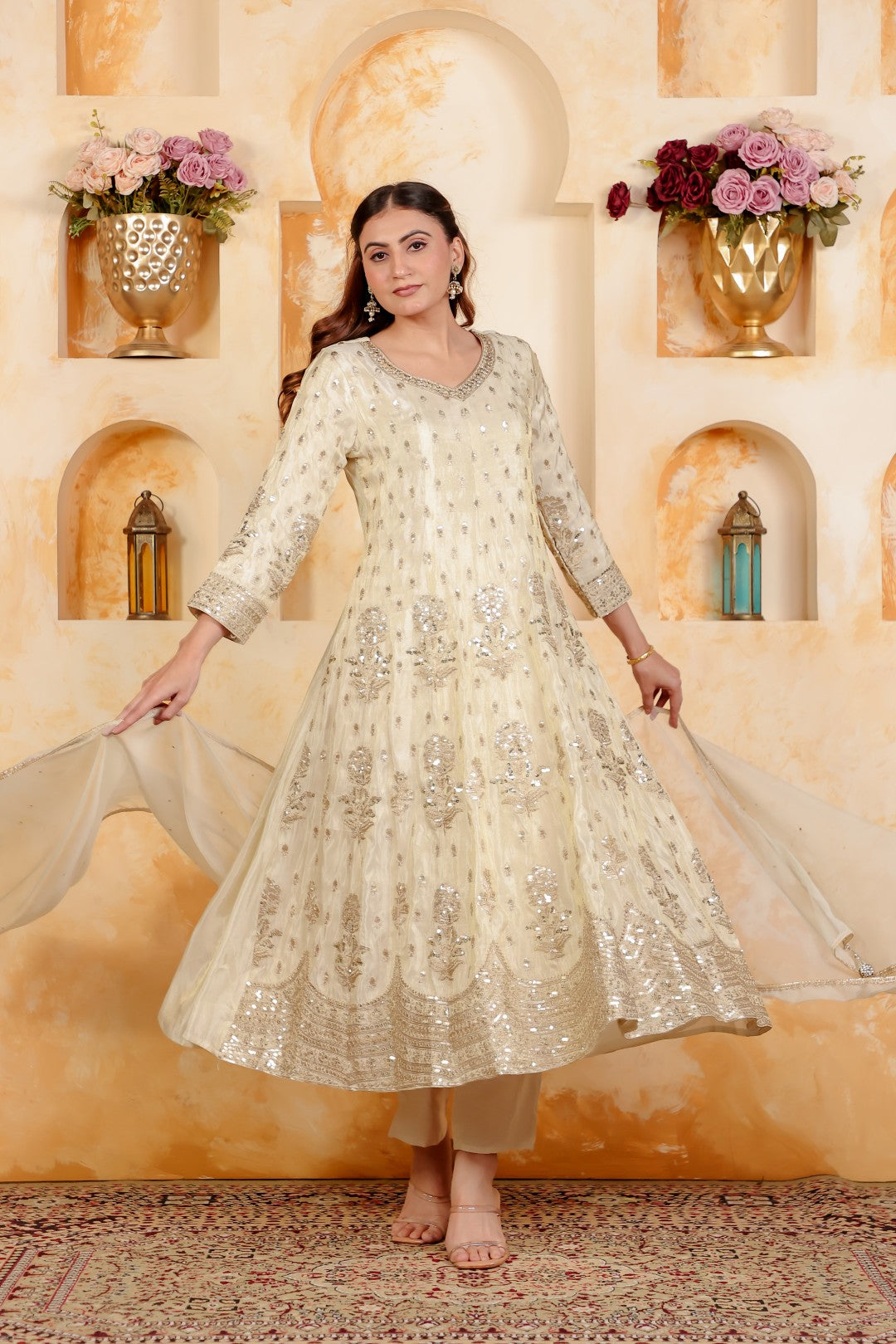 Off White Mosh Silk Suit with Full Sequins & Zari Work, Bottom & Dupatta