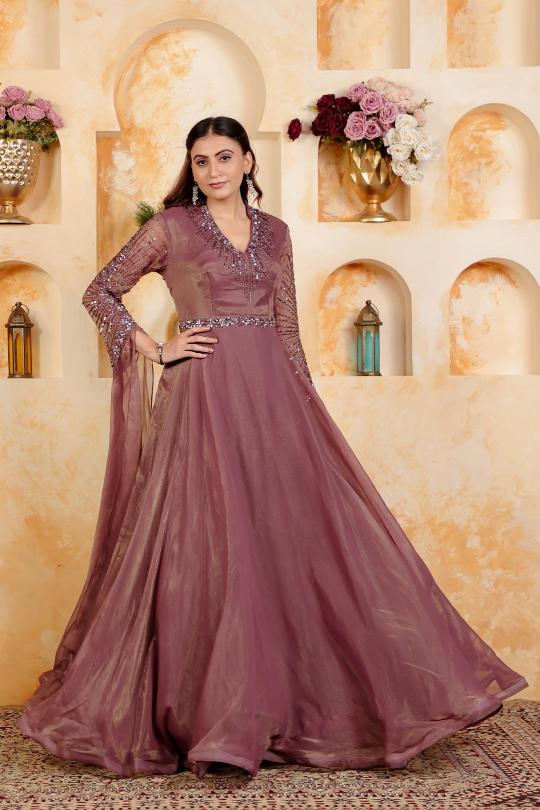 Autumn Copper Shimmer Chiffon with Handwork Gown