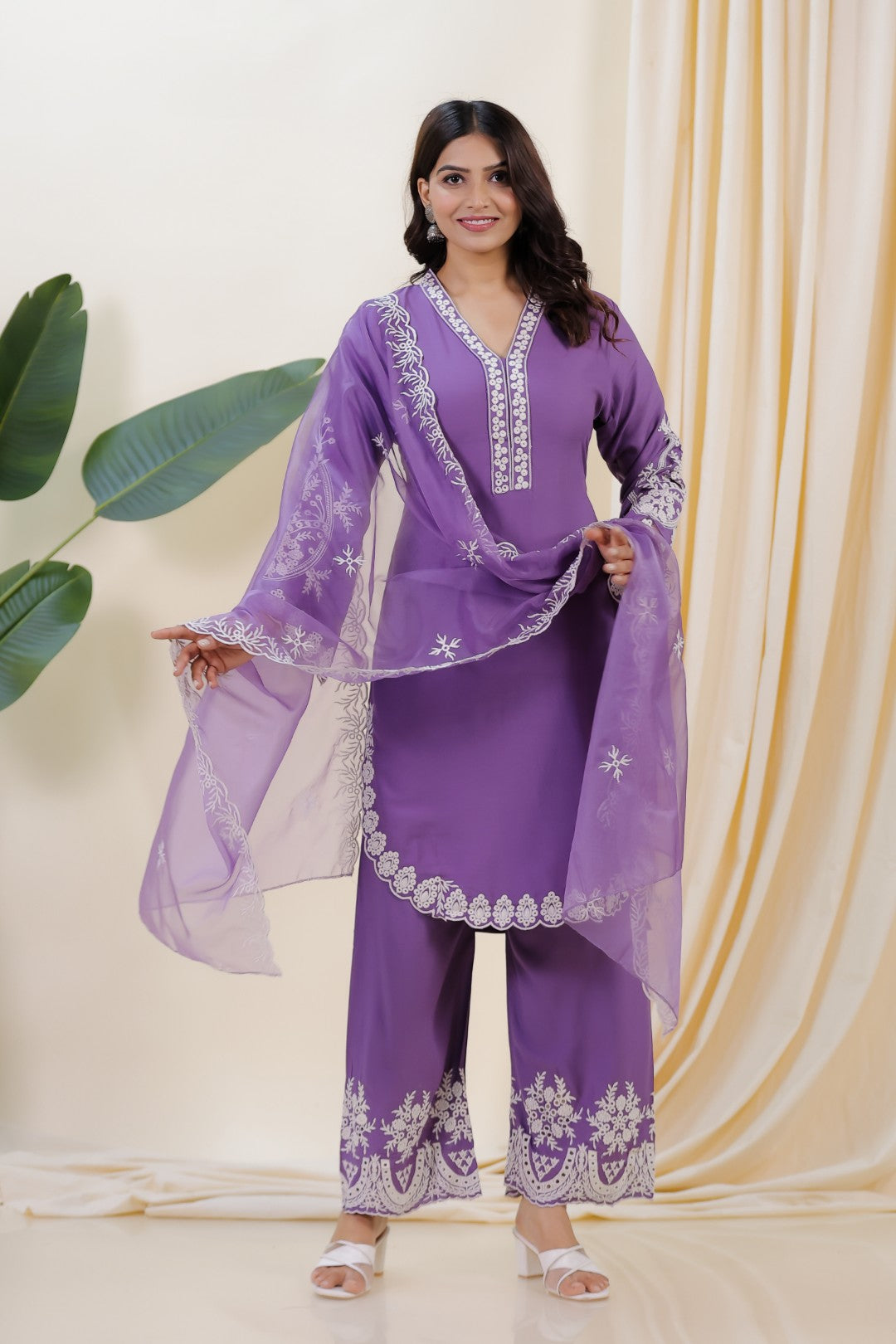 Lavender Rayon Cotton Suit with Thread Work, Palazzo Dupatta