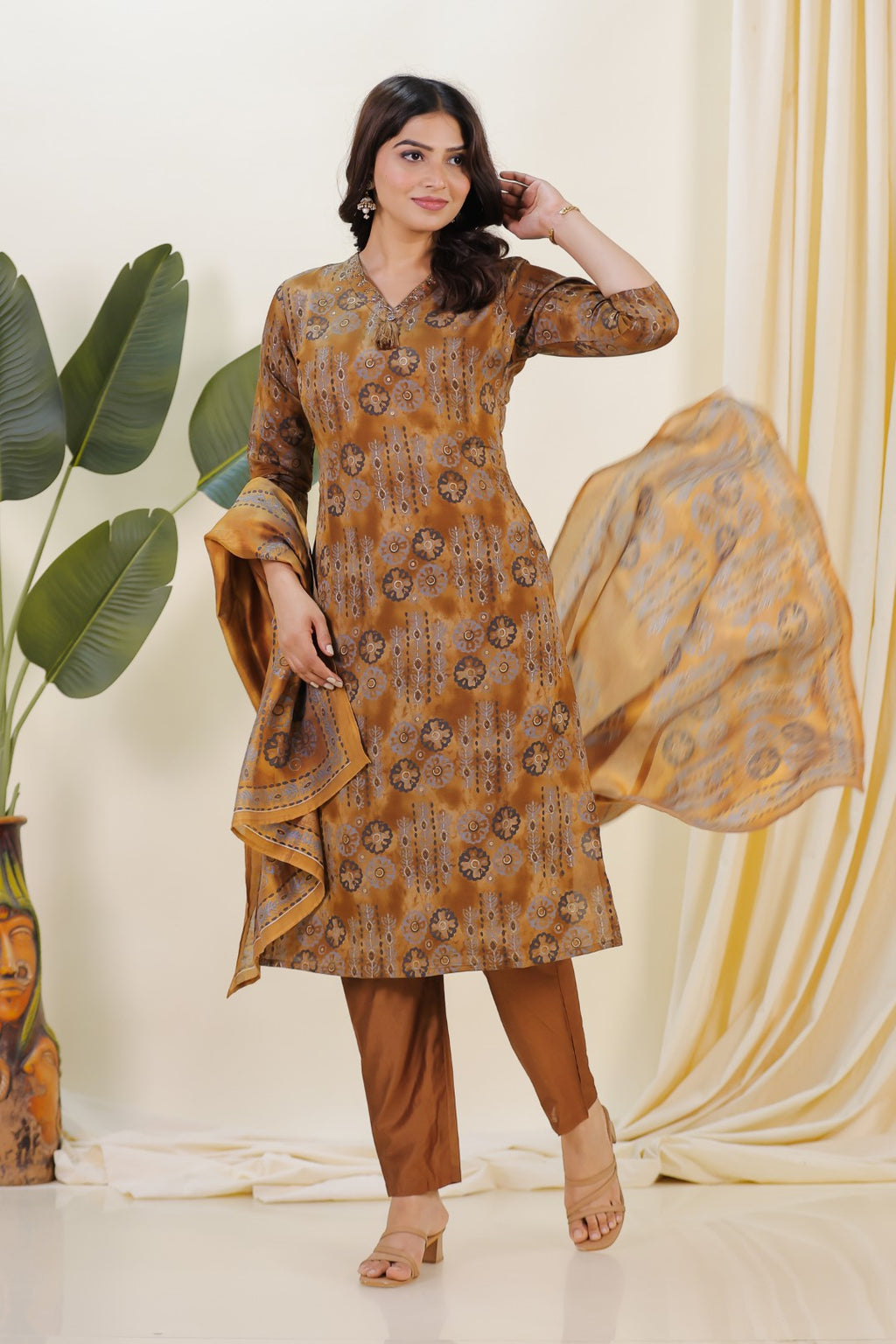 Brown Muslin Printed Suit with Piping Neck Work, Bottom & Dupatta