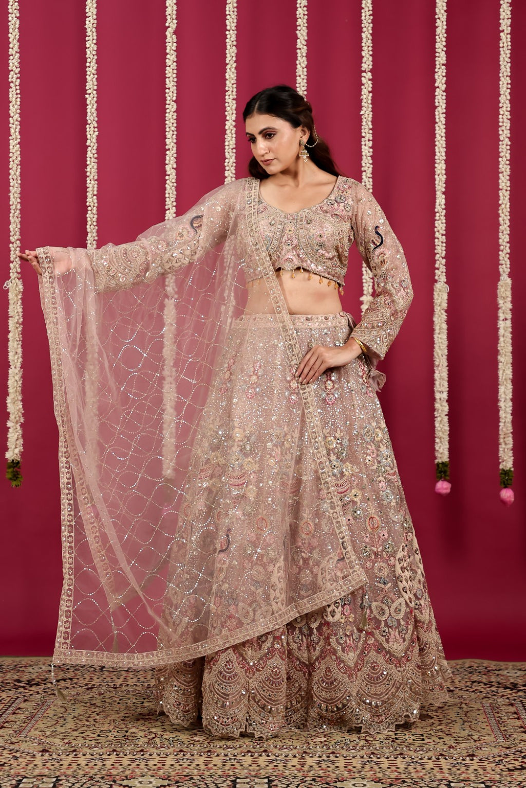 Pink Net Lehenga with Multi Color Full Sequence & Peacock Embroidery Work, Blouse & Dupatta