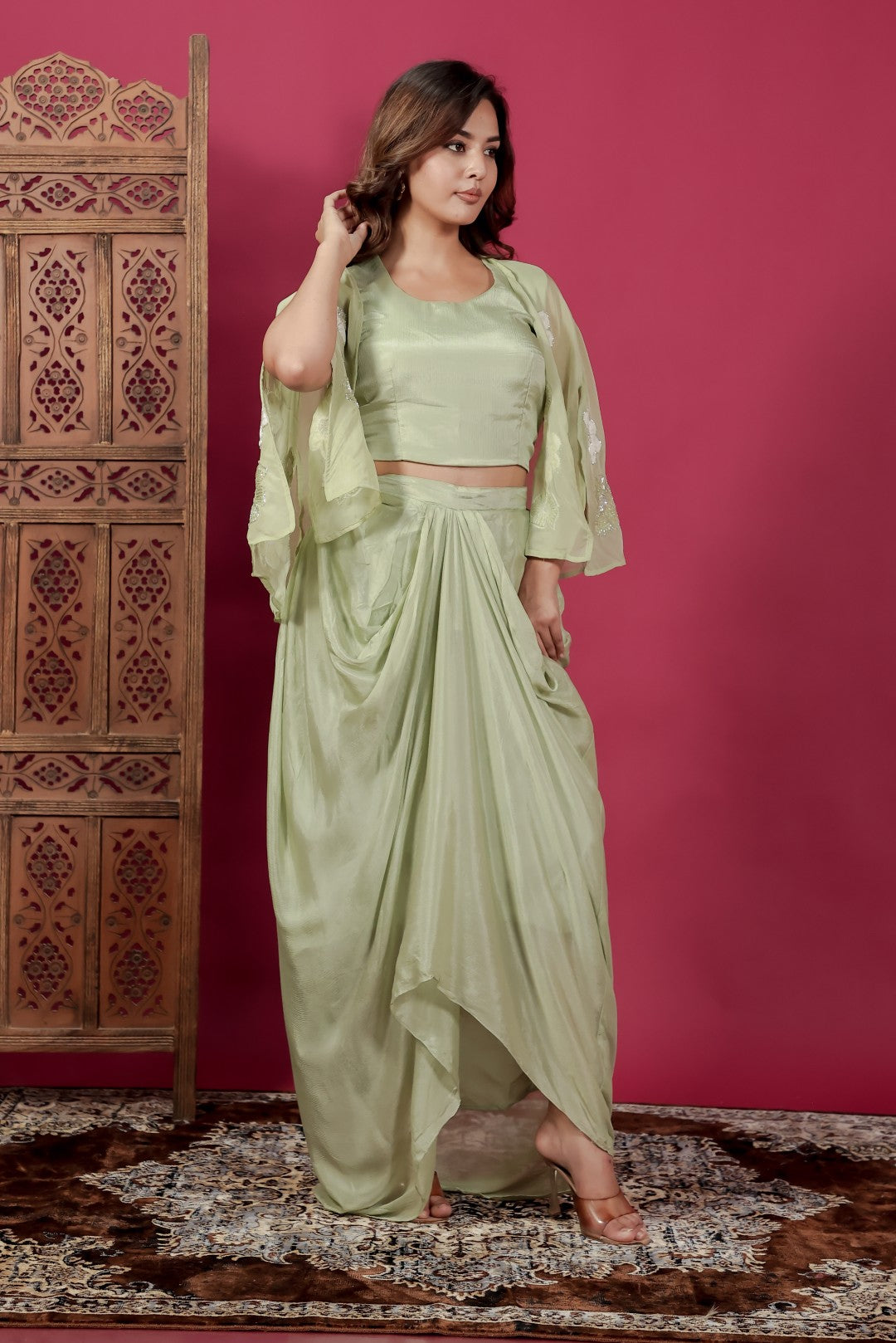 Pista Green Chinon Silk Dhoti Set with Handwork Blouse & Shrug