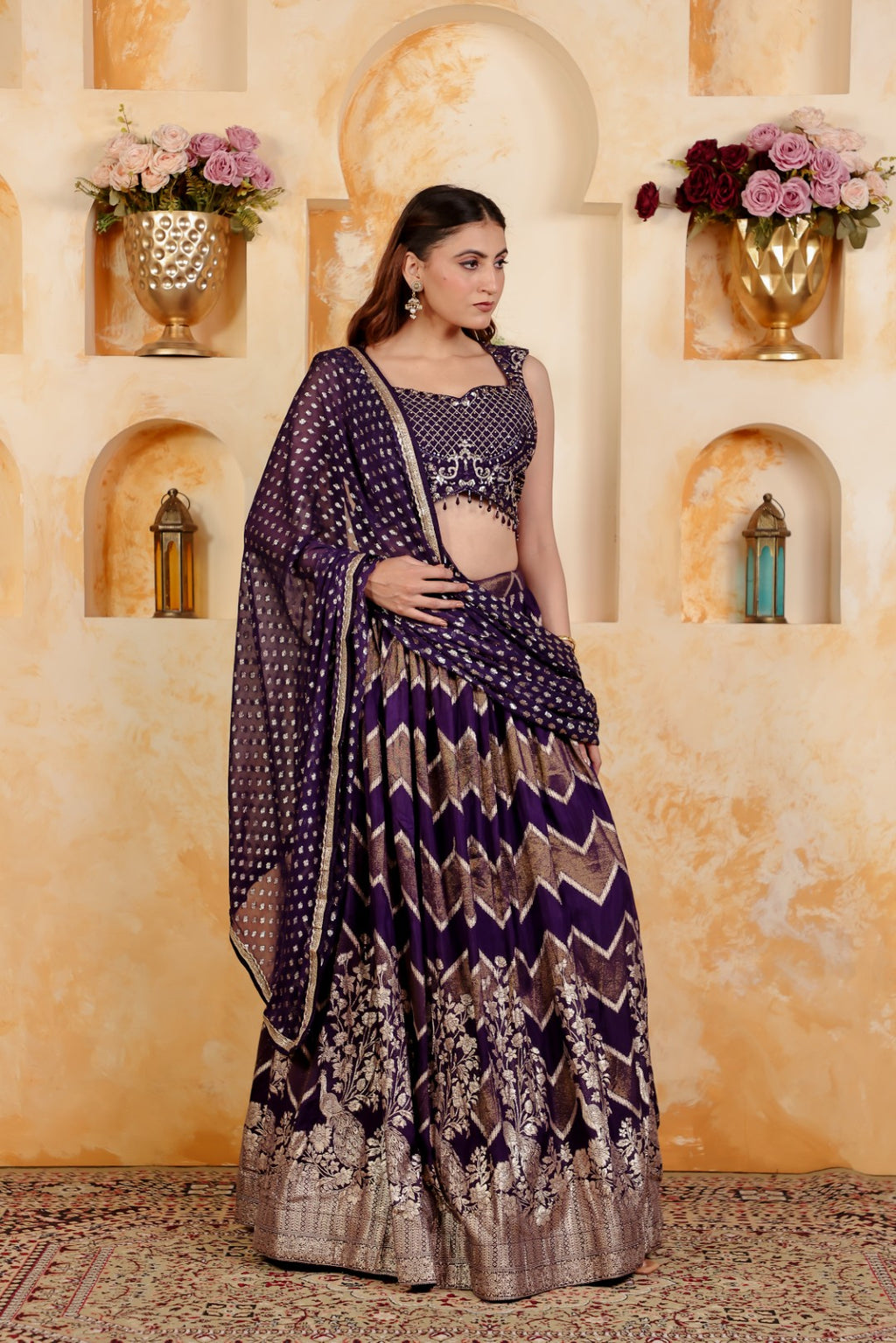 Purple Dola Silk Blouse with Zari Work, Lehenga & Dupatta