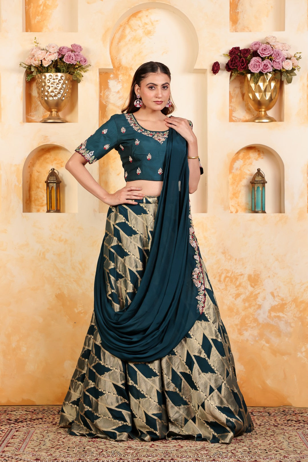Diesel Blue Silk Banarasi Lehenga with Gotta Patti Handwork Blouse, Saree-Style Pallu