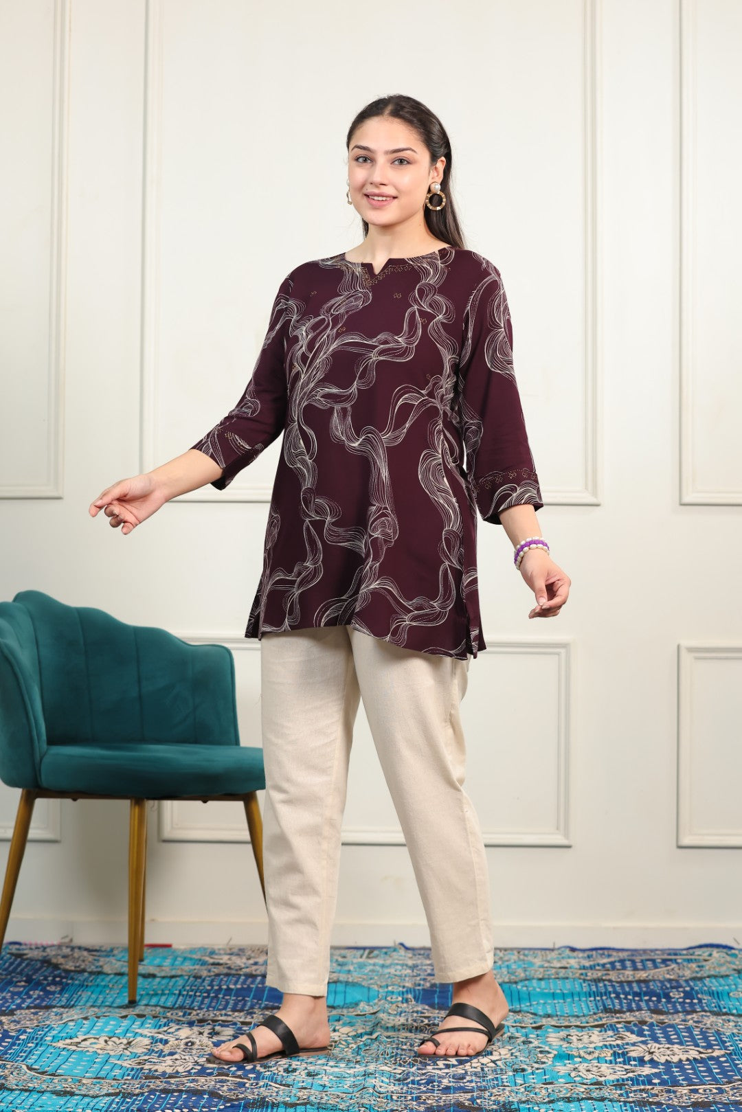 Wine Rayon Printed Top