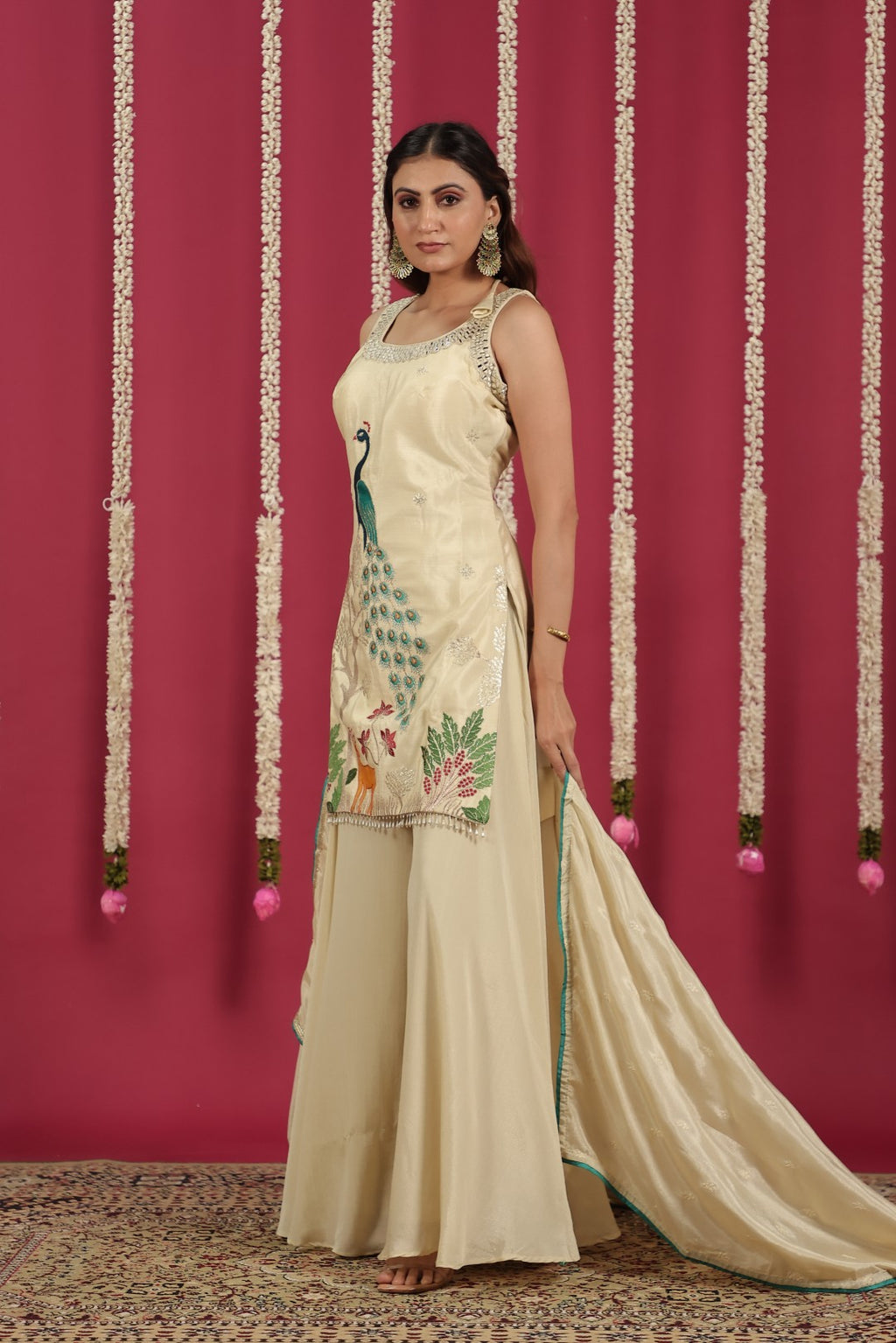Off White Chinon Suit with Peacock Zari Work, Sharara & Dupatta