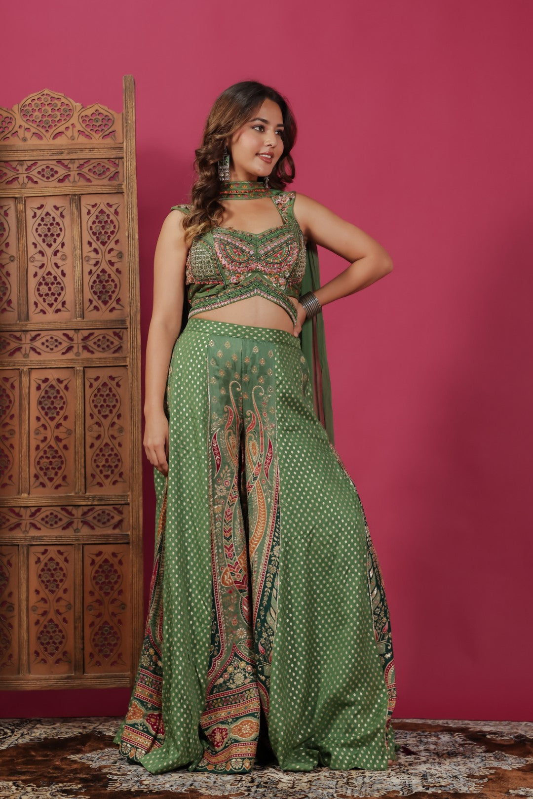 Green Silk Blouse with Zari & Mirror Work, Banarasi Printed Sharara & Dupatta