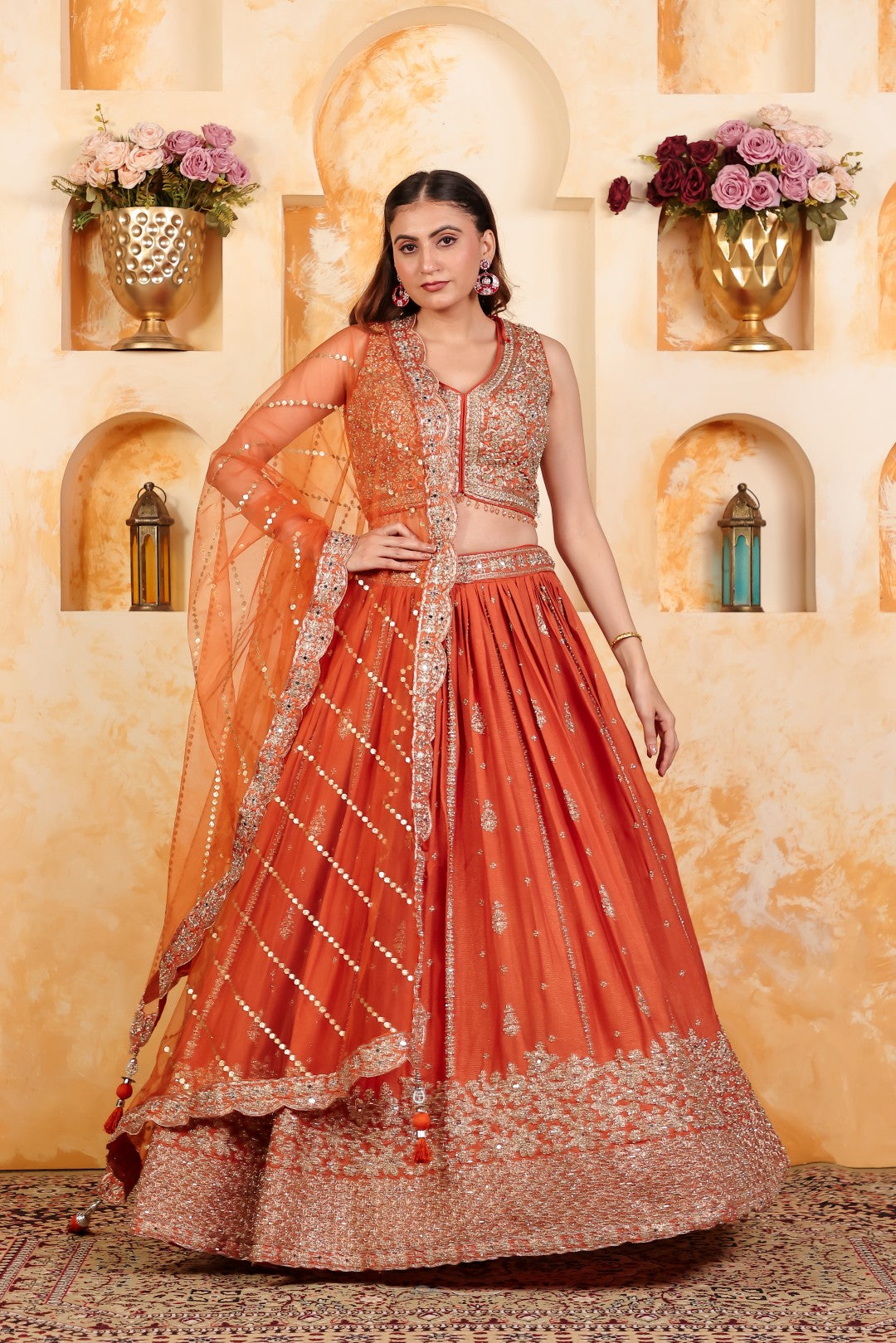 Rust Simmer Chinon Lehenga Zari work with Matching Blouse & Net Dupatta