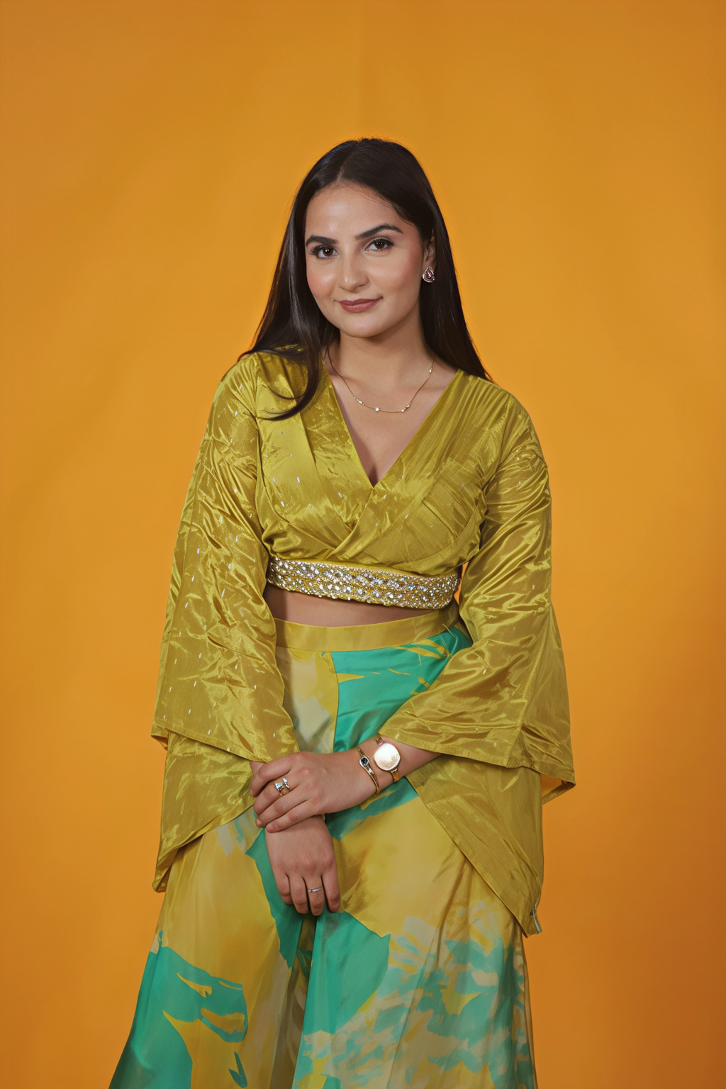 Gold Yellowish Silk Blouse with Handwork and Printed Sharara