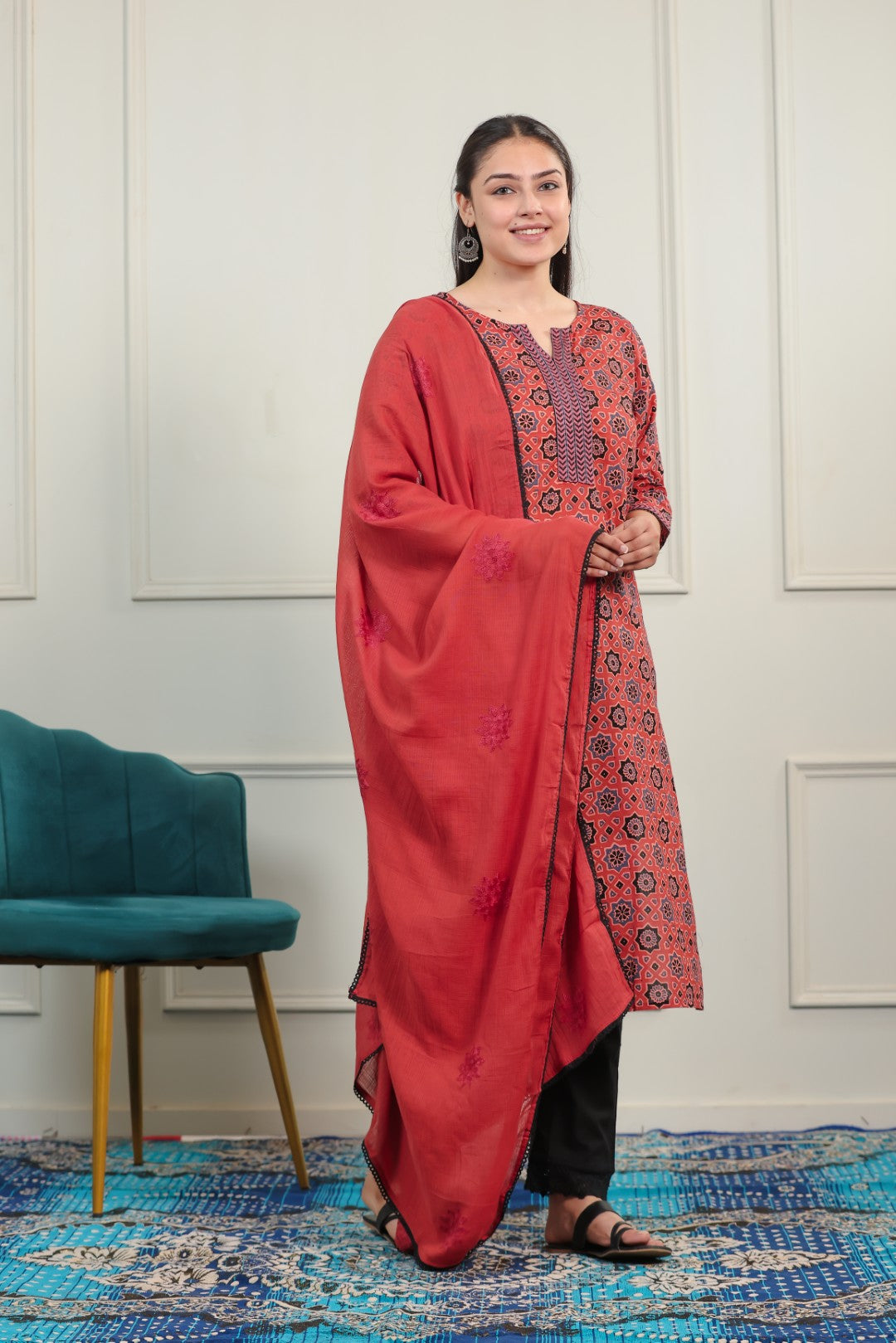 Rust Cotton Printed Suit with Bottom & Dupatta