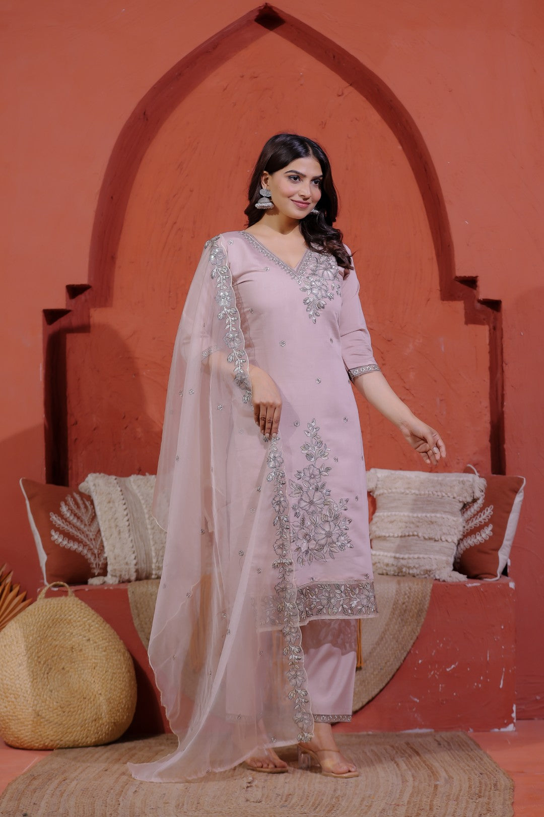 Light Peach Muslin Suit with Thread Embroidery, Bottom & Dupatta
