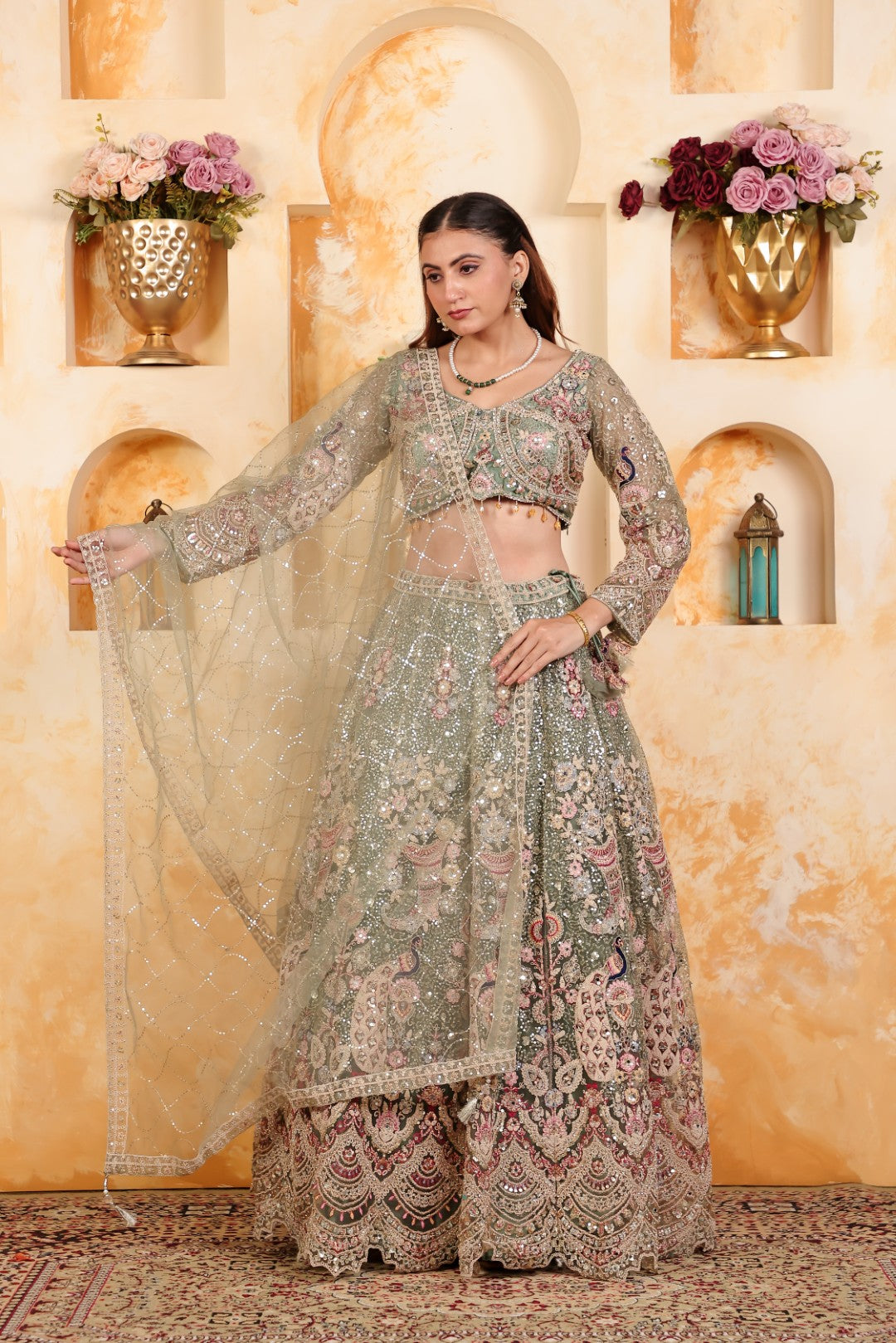 Pista Green Net Lehenga with Heavy Embroidery and Matching Blouse & Dupatta
