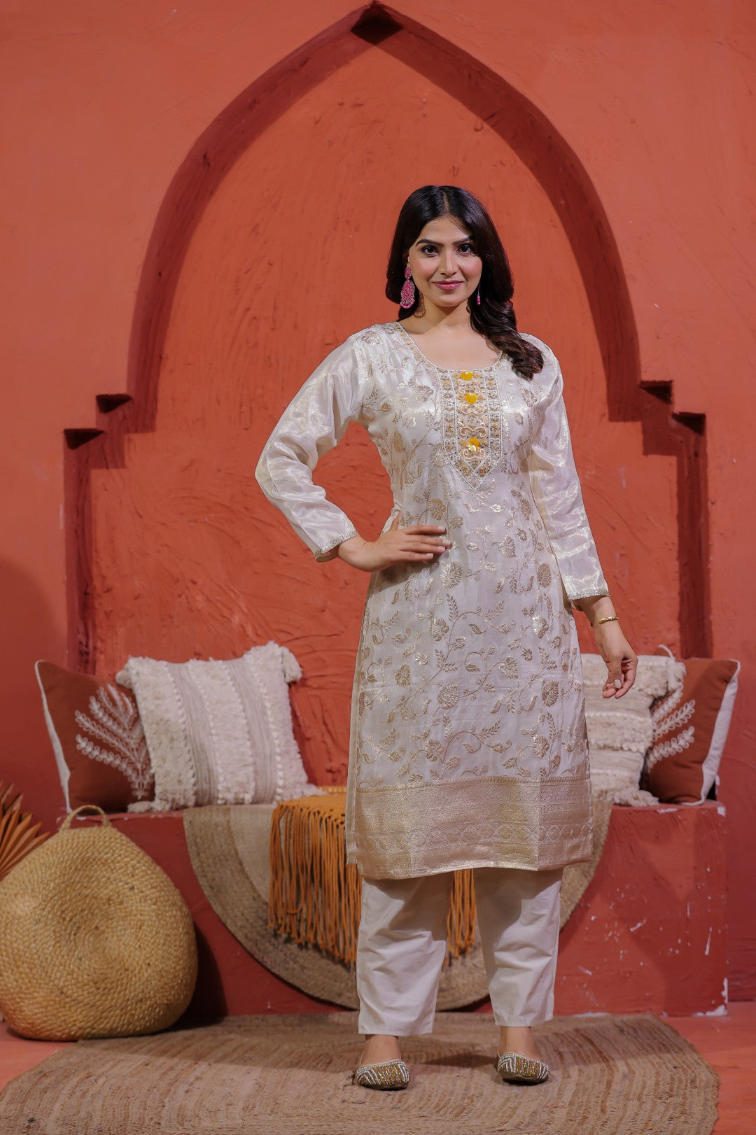 Off White Mosh Silk Suit with Banarasi Work, Pant & Dupatta