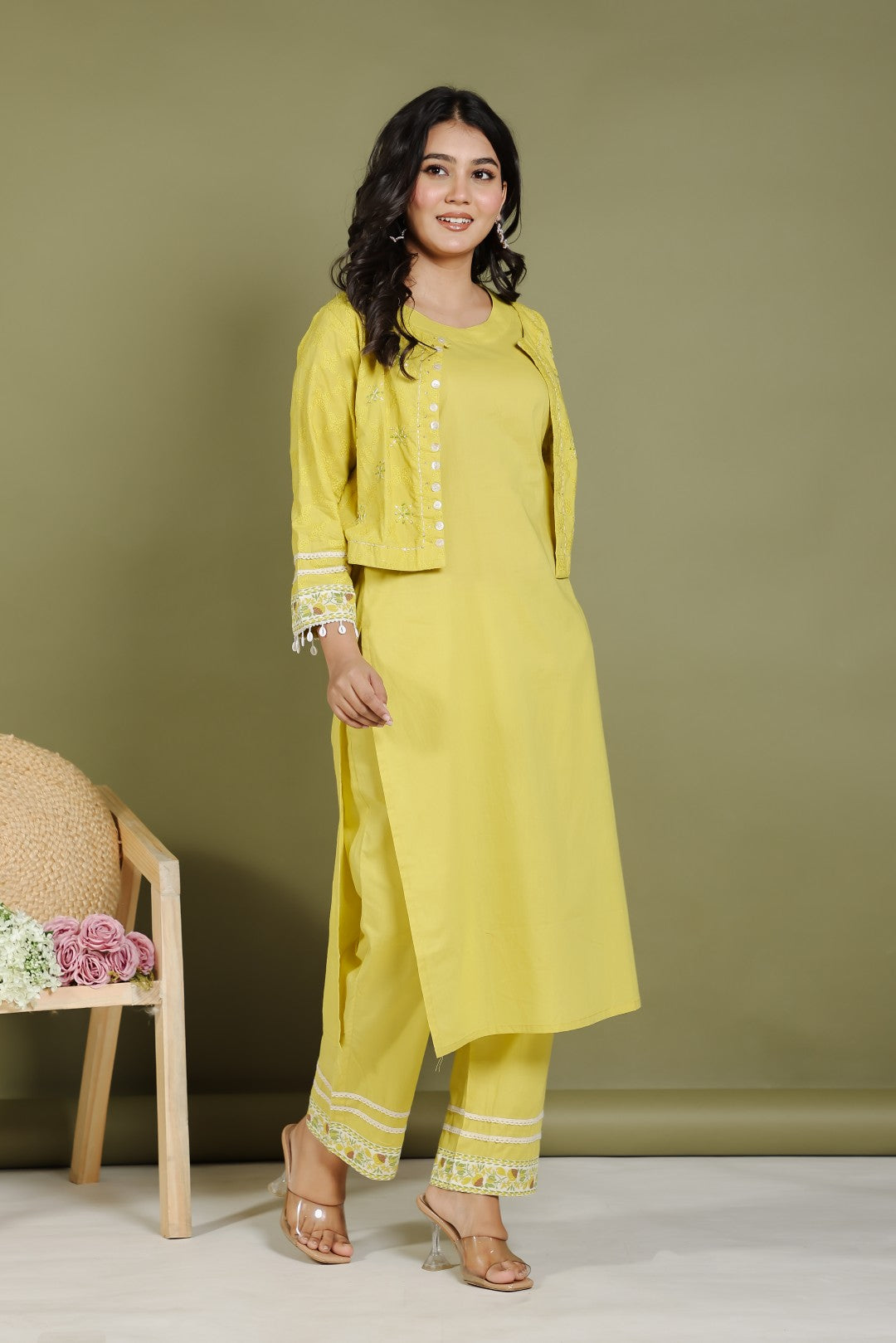 Neon Cotton Suit with Thread Embroidery and Jacket with Thread Embroidery