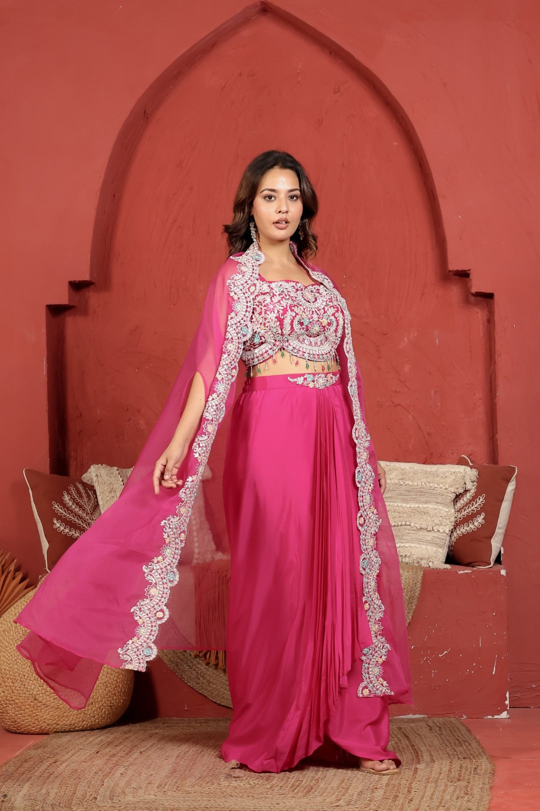 Dark Pink Crepe Silk Dhoti with Handwork Blouse & Shrug
