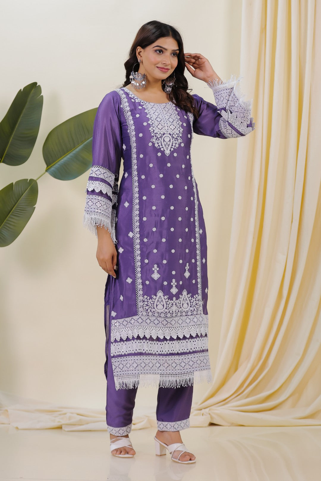 Lavender Chinon Silk Suit with Thread Work, Straight Pant & Dupatta