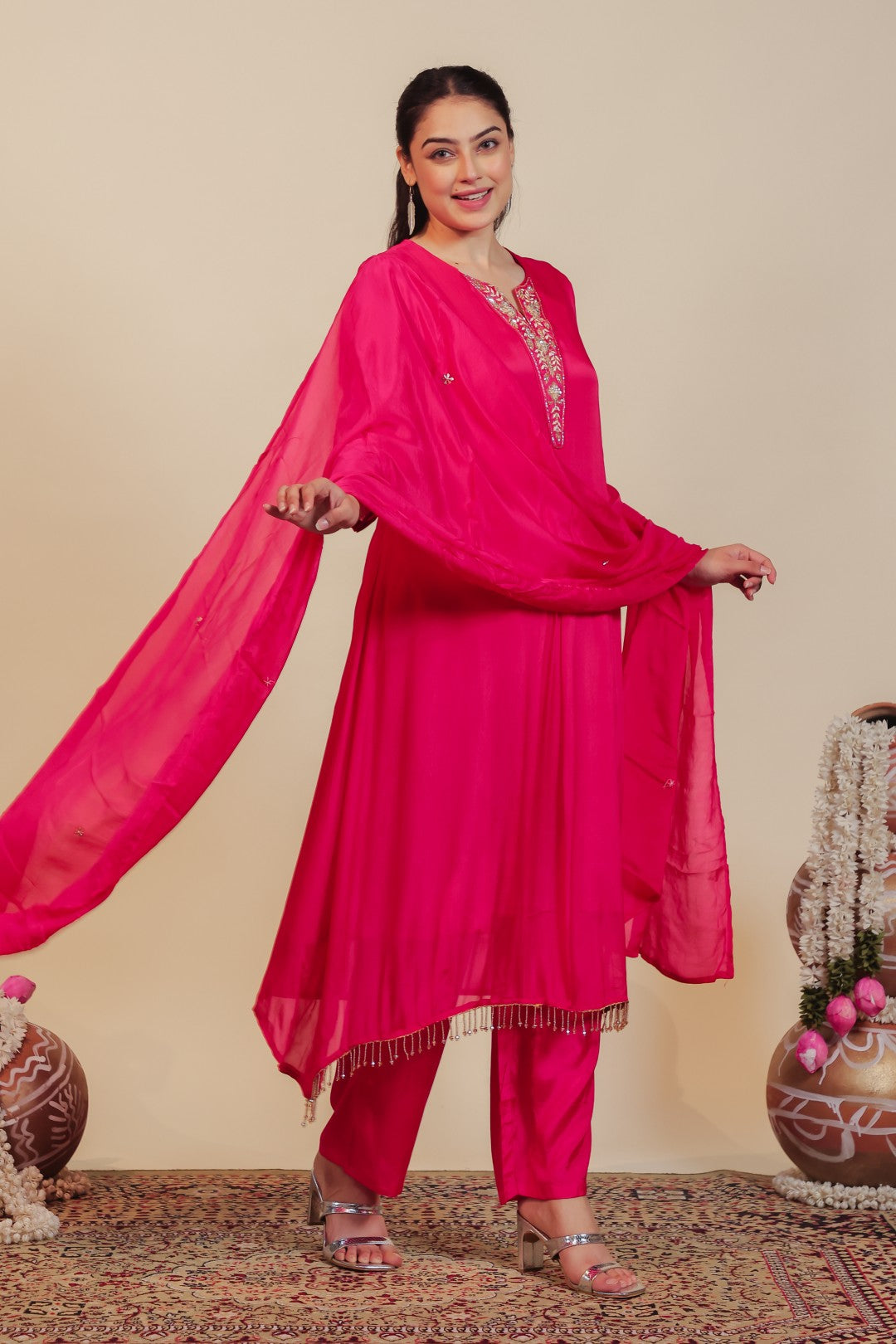 Rani Pink Chinon Suit with Handwork, Bottom & Dupatta