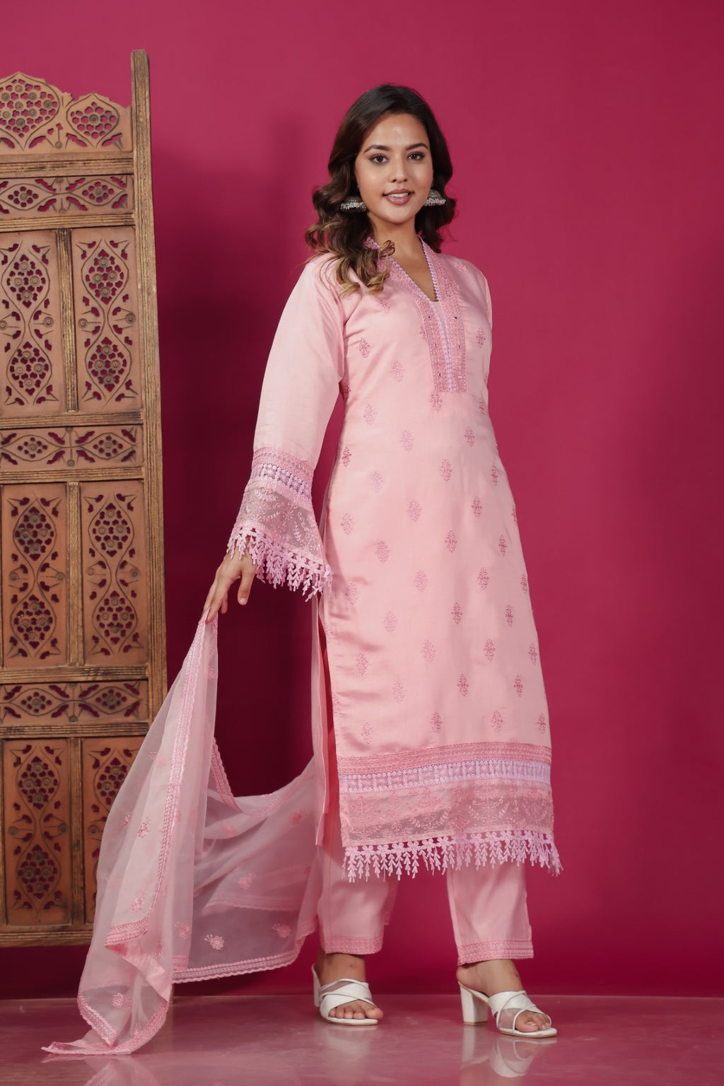 Baby Pink Muslin Silk Suit with Thread Embroidery, Bottom & Dupatta