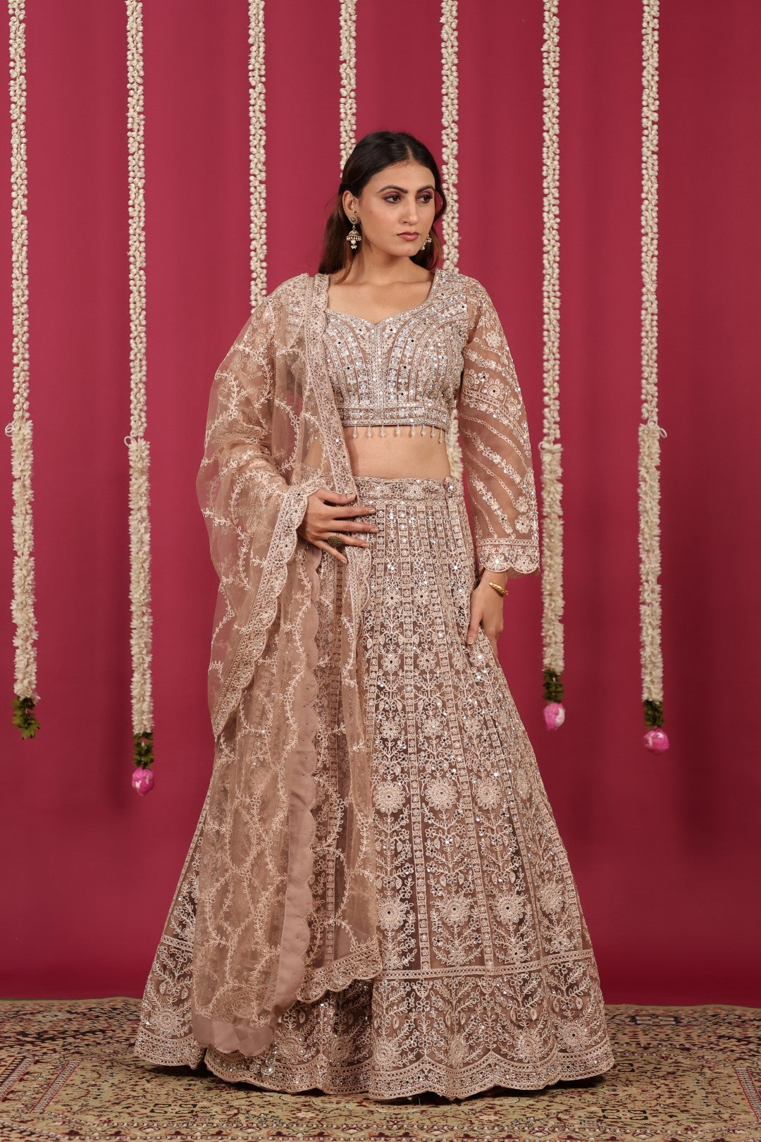 Light Brown Net Blouse with Full Zari, Mirror & Stone Work, Lehenga & Dupatta
