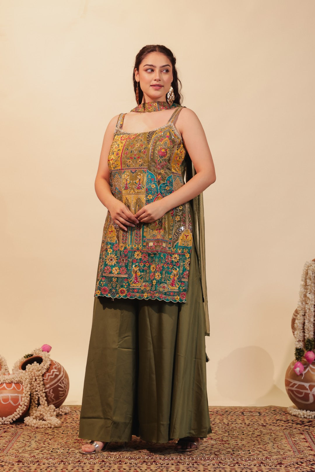 Mehendii Green Crepe Silk Suit with Position Printed & Zari Work, Sharara & Dupatta