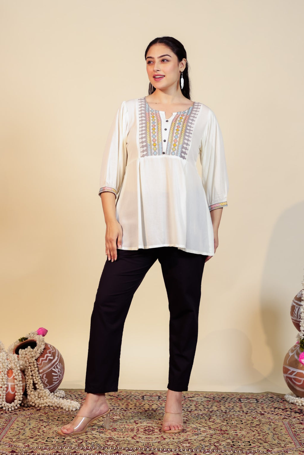 Off White Wrinkled Rayon Thread Work Top